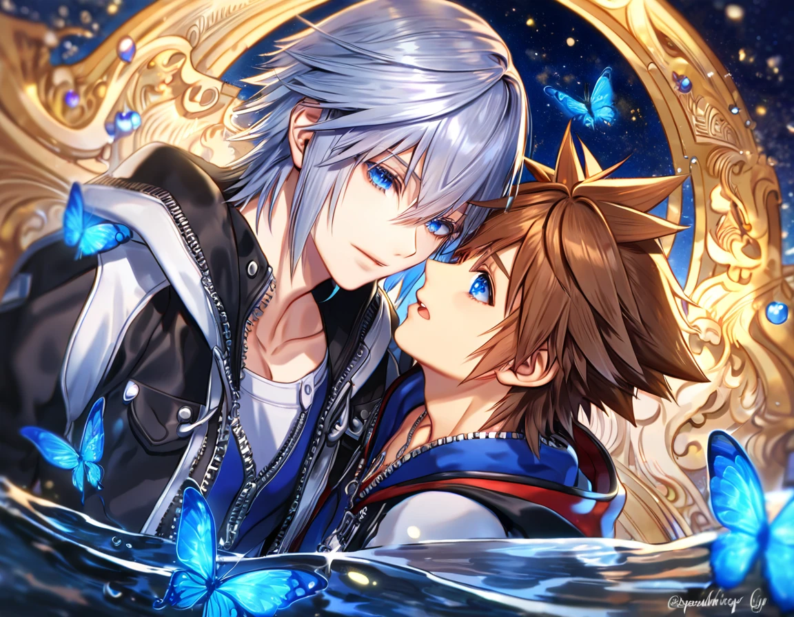 absurdres, highres, ultra detailed, HDR, master piece, best quality, extremely detailed, Riku, gray hair, expressive blue eyes, Kingdom Hearts, Sora, brown hair, expressive blue eyes, two sexy men together, gay couple, yaoi, handsome, black jacket, fantasy, water, sparkling, blue glittering fireflies, blue moon, blue flowers, blue butterflies, starry sky