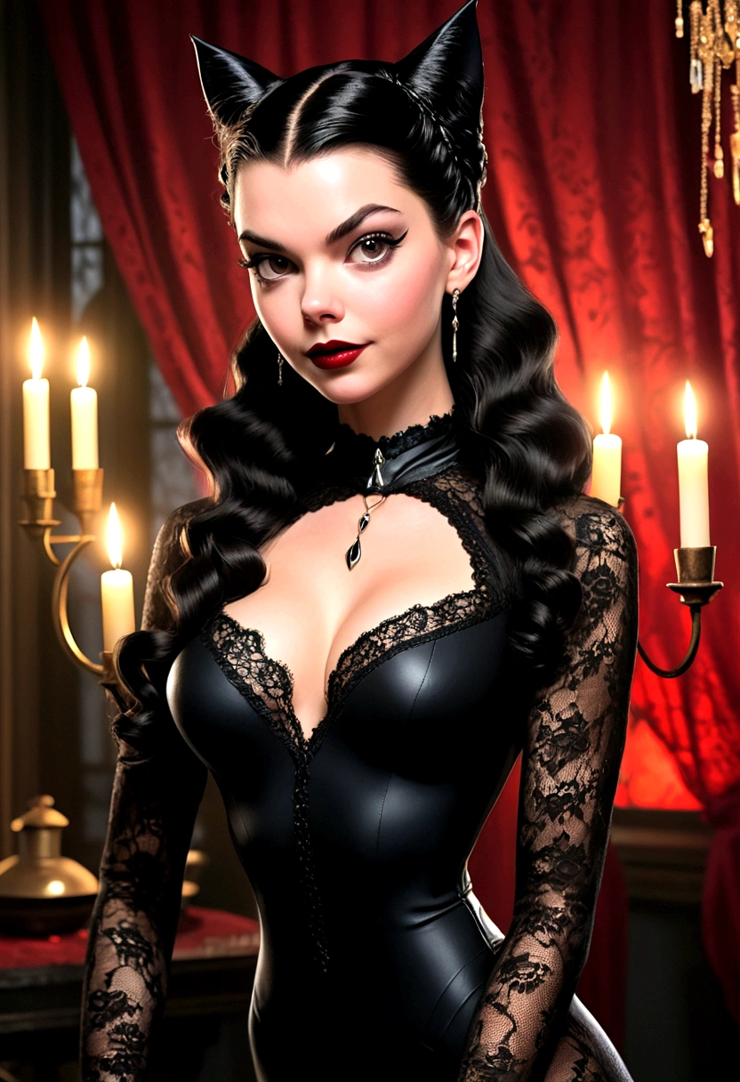 Full body shot Anya Taylor Joy catwoman, ringlets wavy five feet long black hair, updo hairstyle with ponytail on one side and long hairpins holding the bun long braid, strong thighs, dark red glossy lips, heavy black eye shadow long black eyeliner, long sharp claws, black lace beautiful and creative catwoman bodysuit with no jewels, huge cleavage, clear ears no earrings, no earrings, no earrings, no earrings, no jewels, beautiful forehead lace ornament, posing in a feminine catwoman den, happy expression, dark ambience night time candle lights. No faces on her chest!