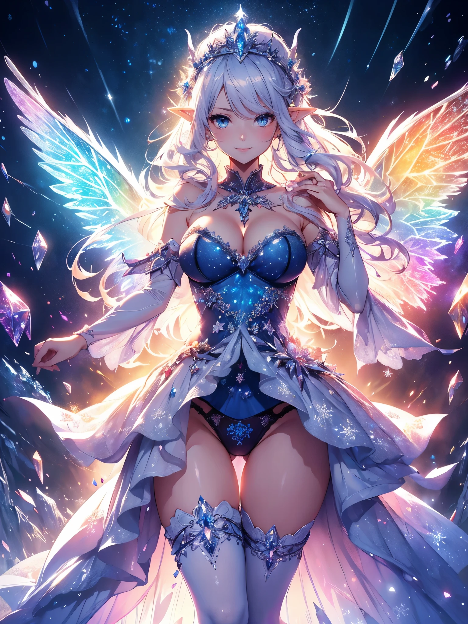 最high quality、Many snowflakes cover the background、最high quality、1 woman elf、Succubus、Stand against a wall(( cowboy shot ))((underwear))'((beautiful underwear))、Lots of giant snowflakes、Beautiful eyes、tears、Raise your arms behind your head、Beautiful decoration、、Ice tiara、Beautiful galactic light、A world made of ice、最high quality , Fractal Art.Ice Throne、ice World、Bikini、beautiful big ass、　((Laugh beautifully、))((Glowing ice　))SMqueen、Beautiful face、orgasm、Ecstasy、Beautifully decorated stockings、Ice crystals、Crystal of snow、Ice wall、ice World、Bigger on the front、 We welcome you with open arms, beautiful shine,High-definition depiction, Realistic, 8K, Unity, Beautiful thighs,,Giant Devil's Wings、Rainbow-colored wings、、 light smile, Beautifully and vividly drawn, , beautiful beautiful透き通る肌、The magic of shining beautiful decoration、Beautiful decoration, beautiful、 Romanticism,mosquito。 The most beautiful form of chaos, Mr..々 Intertwined flowers, P article,Magical gentle light,smile,,image quality、masterpiece、Beautiful face、Super beautiful elf woman((Big breasted 22 year old office lady、Bust 120,Beautiful long ironed hair、Silver Hair、height: 165cm。、Esbian、、high quality、、Visual Arts、最high quality、1 woman elf NP: Worst quality ,beautiful Fractal Art　、、、light、Beautiful radiance,High-definition depiction, Realistic, 8K, Unity, , light smile, Beautifully and vividly drawn, , Beautiful, beautiful, clear skin、 Countless rays of light pouring down, Swirling Light, big background, , Intense light is emitted from the magic circle in front of the girl. Romanticism,Cowboy Shot: 最high quality　　