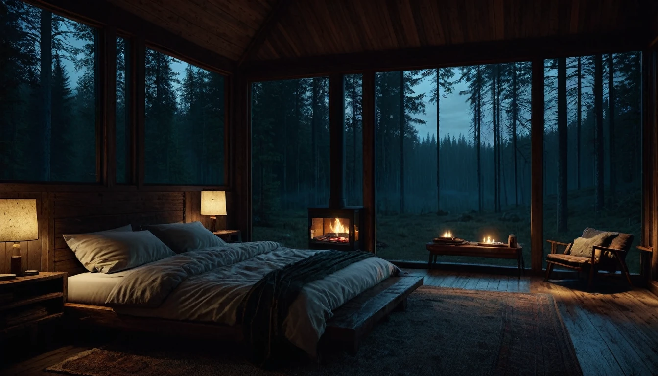 
dimly lit bedroom with fireplace and wood burning bed, large windows to the forest at night, beautiful and cinematic lighting, cozy place, cryengine render 8 k, cabin in the forest, minimalist pyramid room shape, pyramid glass, very forest background dark, lots of column windows, dark, pillows and blankets, large windows, minimalist windows, lots of boxes, minimalist windows facing the forest, quiet night. the picture is original, rainy night. original rendering, stunning, rainy night, gloomy, dark gloomy cinematic lighting, atmosphere, landscape, vast forest, moody, dramatic lighting. cinematic, cinematic, atmospheric shots, gloomy weather. hyperrealistic, atmospheric rendering, rainy night, huge gloomy forest, cinematic,