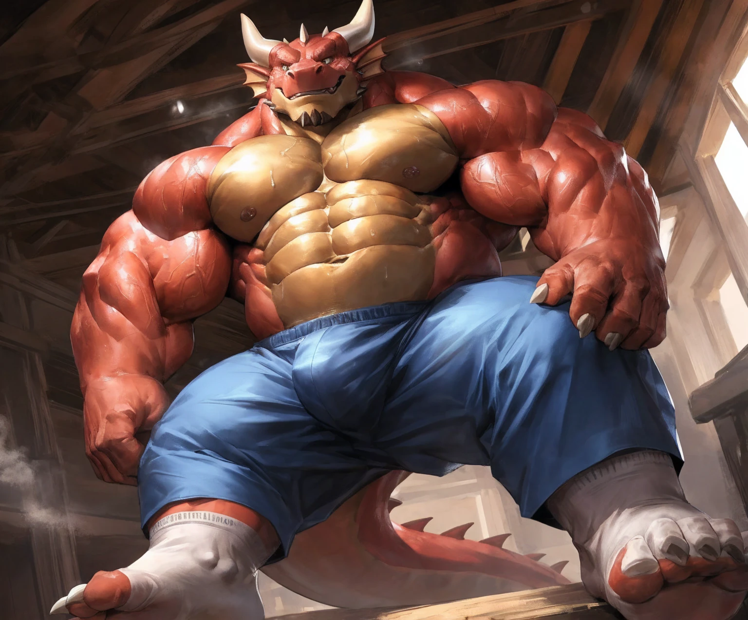 human nature, cannon, male, solitary, ((the strong，Handsome)), (dragon), Chibo，Six-pack abs，(indoor)，Feet facing the audience，Dirty white socks，Blue shorts，Sweat:1.3，high quality, (4K,high quality, high resolution, masterpiece), cartoon,by lindong