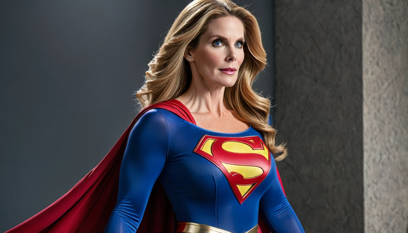 strong Julie Hagerty Supergirl; big and strong breasts. HD. Photograph, ((realism)), extremely high quality RAW photograph, ultra detailed photograph, sharp focus, high resolution, (detailed skin:1,3),high quality, film grain, Fujifilm XT3,Highly Detailed, movie, (Cinematic Photo:1.3) of (Realistic:1.3)