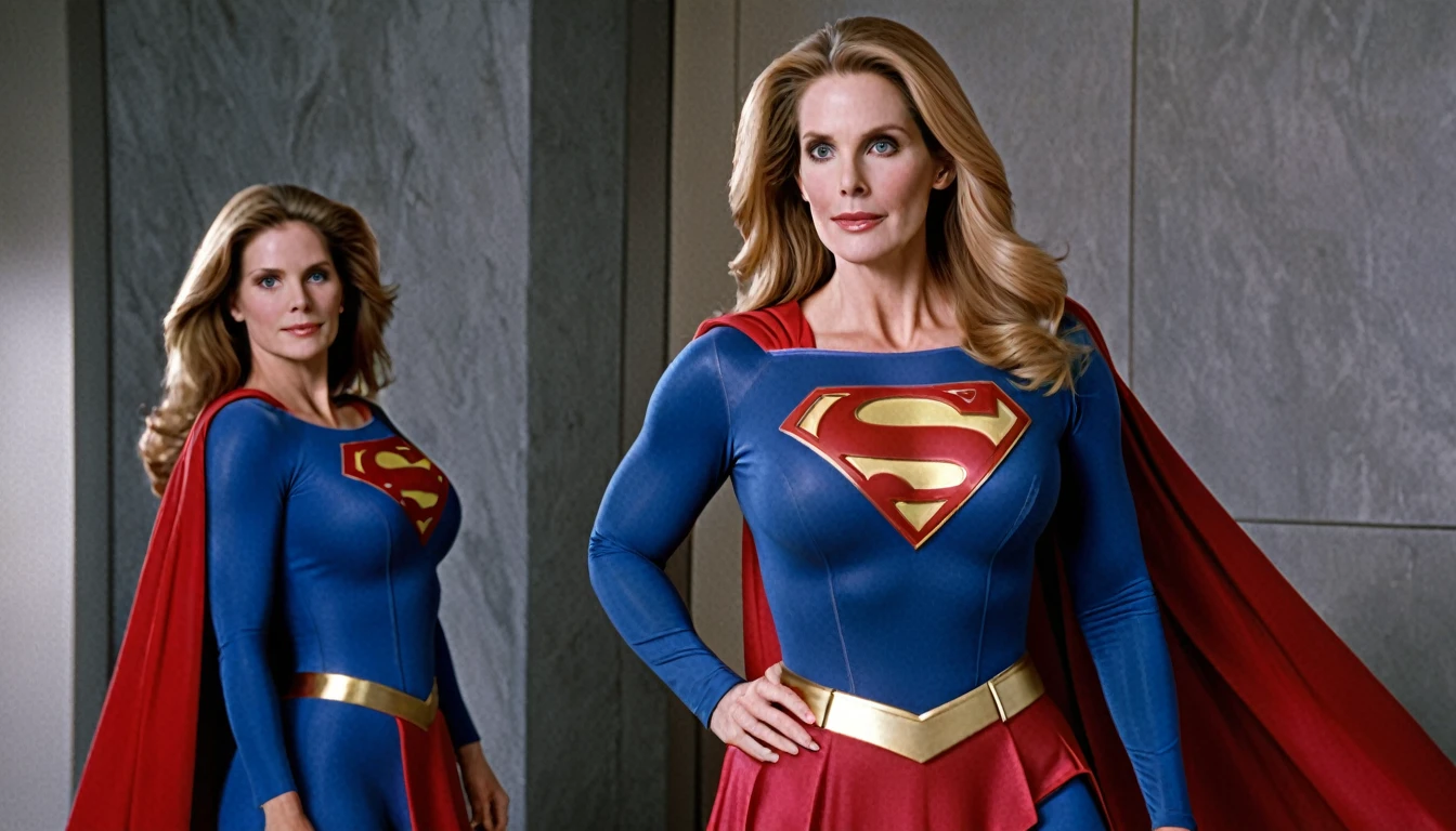 strong Julie Hagerty Supergirl; big and strong breasts. HD. Photograph, ((realism)), extremely high quality RAW photograph, ultra detailed photograph, sharp focus, high resolution, (detailed skin:1,3),high quality, film grain, Fujifilm XT3,Highly Detailed, movie, (Cinematic Photo:1.3) of (Realistic:1.3)