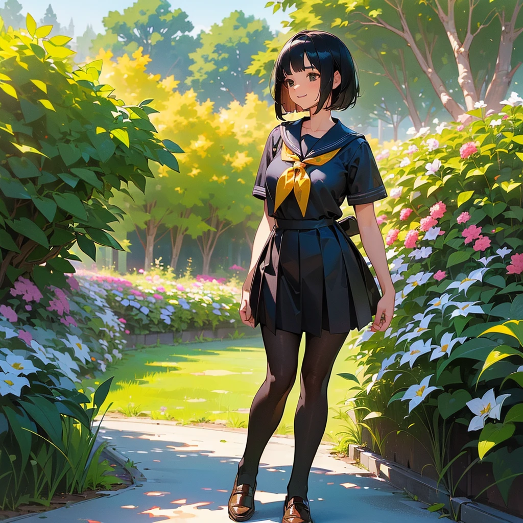 (Highest quality, High resolution, Super detailed, Realistic:1.37), Peaceful atmosphere, (Outdoor, garden), age girl standing alone,(my breasts are big.),Beautifully detailed features, Cute Smile, ((Black bob hair)),Short-sleeved sailor uniform, Pleated skirt,Black tights,Brown leather shoes.