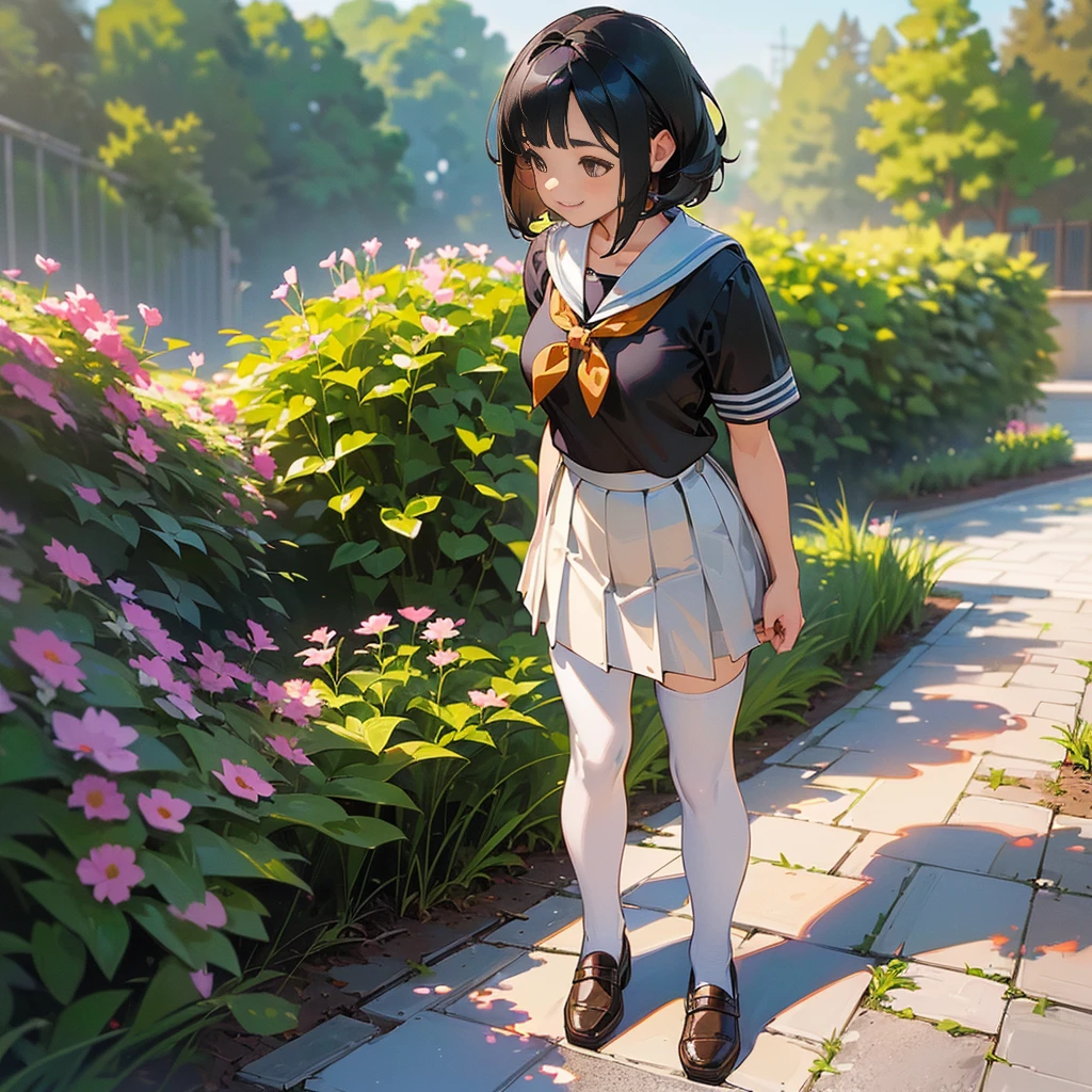 (Highest quality, High resolution, Super detailed, Realistic:1.37), Peaceful atmosphere, (Outdoor, garden), Teenage girl standing alone,(my breasts are big.),Beautifully detailed features, Cute Smile, ((Black bob hair)),Short-sleeved sailor uniform, Pleated skirt,Black tights,Brown leather shoes.