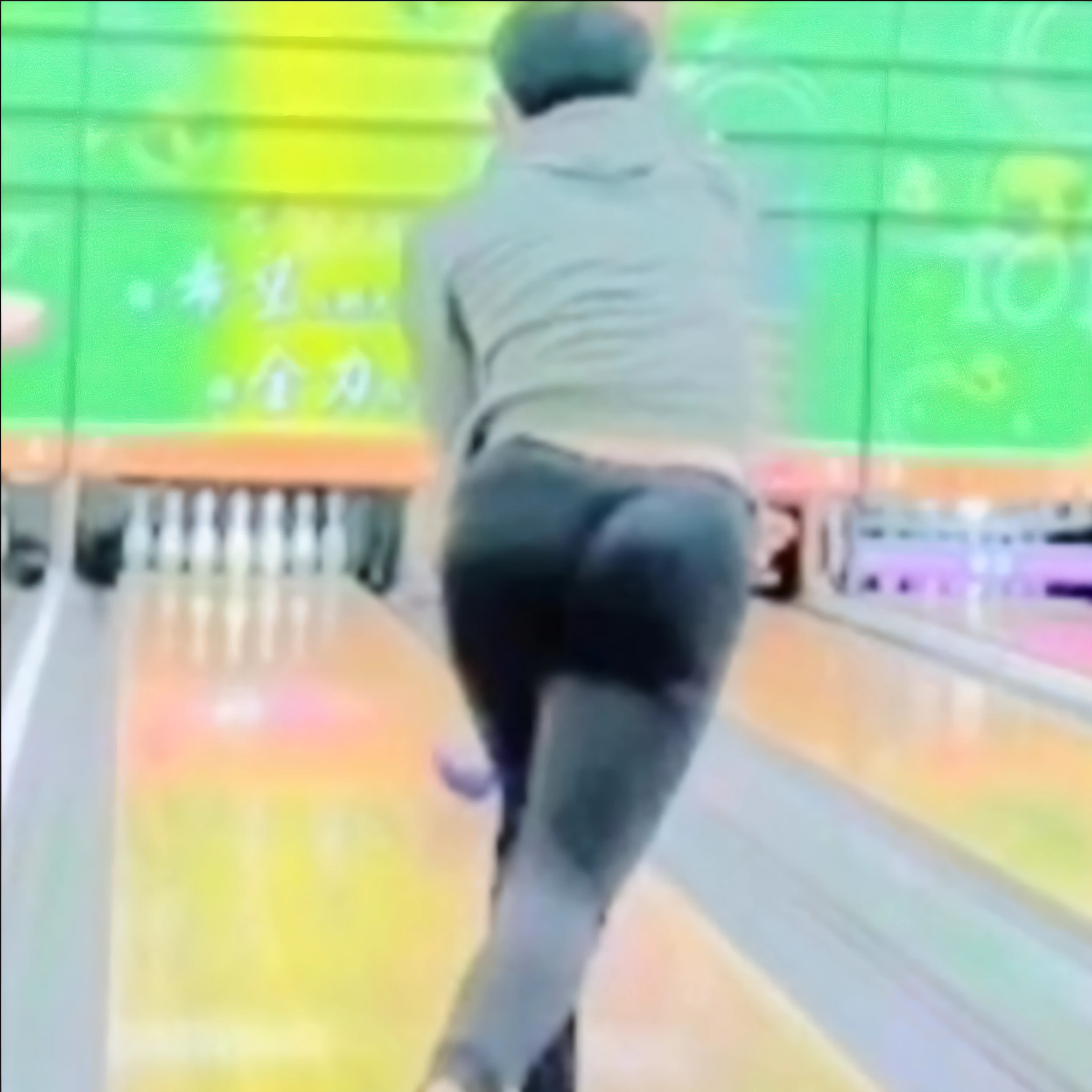 arafed woman in pink shirt and white pants bowling on a wooden floor, thicc, big booty, insanely inflated hips, long shot from back, bowling, backshot, long shot from the back, low quality video, pawg, thicc build, toned derriere, cover shot, leg and hip shot, shot from the back.ultra HD.high resolusi