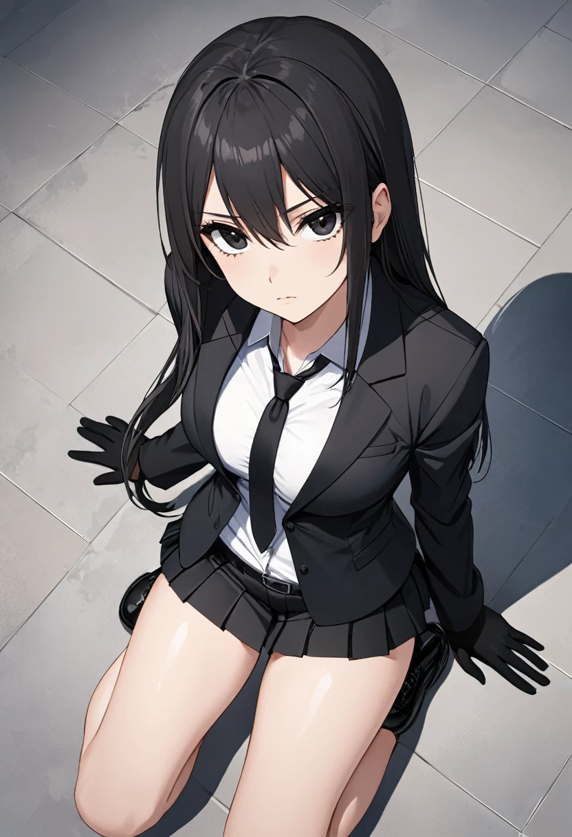 Black miniskirt ,shoes, dress shirt , pleated skirt , black long tie , assassin , whole body ,business attire , Black gloves , shorts blazer , bare legs , straight hair , black eyes , shot , thighs , whole body , Kneel down , View from above