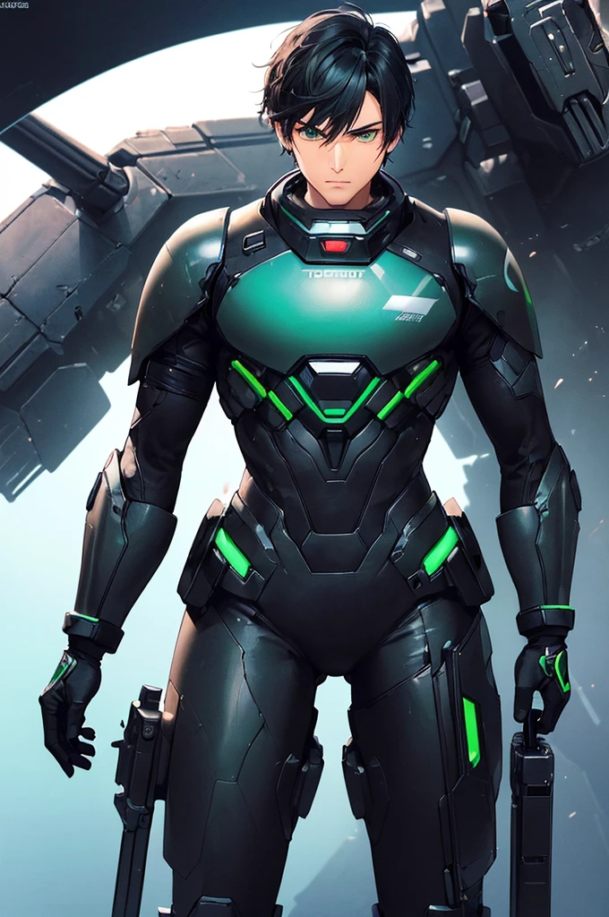 (masterpiece; best quality: 1.2), (finely detailed eyes: 1.3), ((25 year old man)), ((solo)), (green eyes: 1.4), (body; lean, fit, masculine: 1.3), (short black hair: 1.3), (beautiful and clear background: 1.2), ((depth of field)), (equipment: black mech pilot bodysuit + black gloves + futuristic pistol: 1.3), (anime illustration: 1.2), (background composition; white mech hangar: 1.1), (extremely fine and handsome: 1.1), (shot composition; standing + centered on torso + close-up: 1.5), (expression; calm, stoic: 1.2)