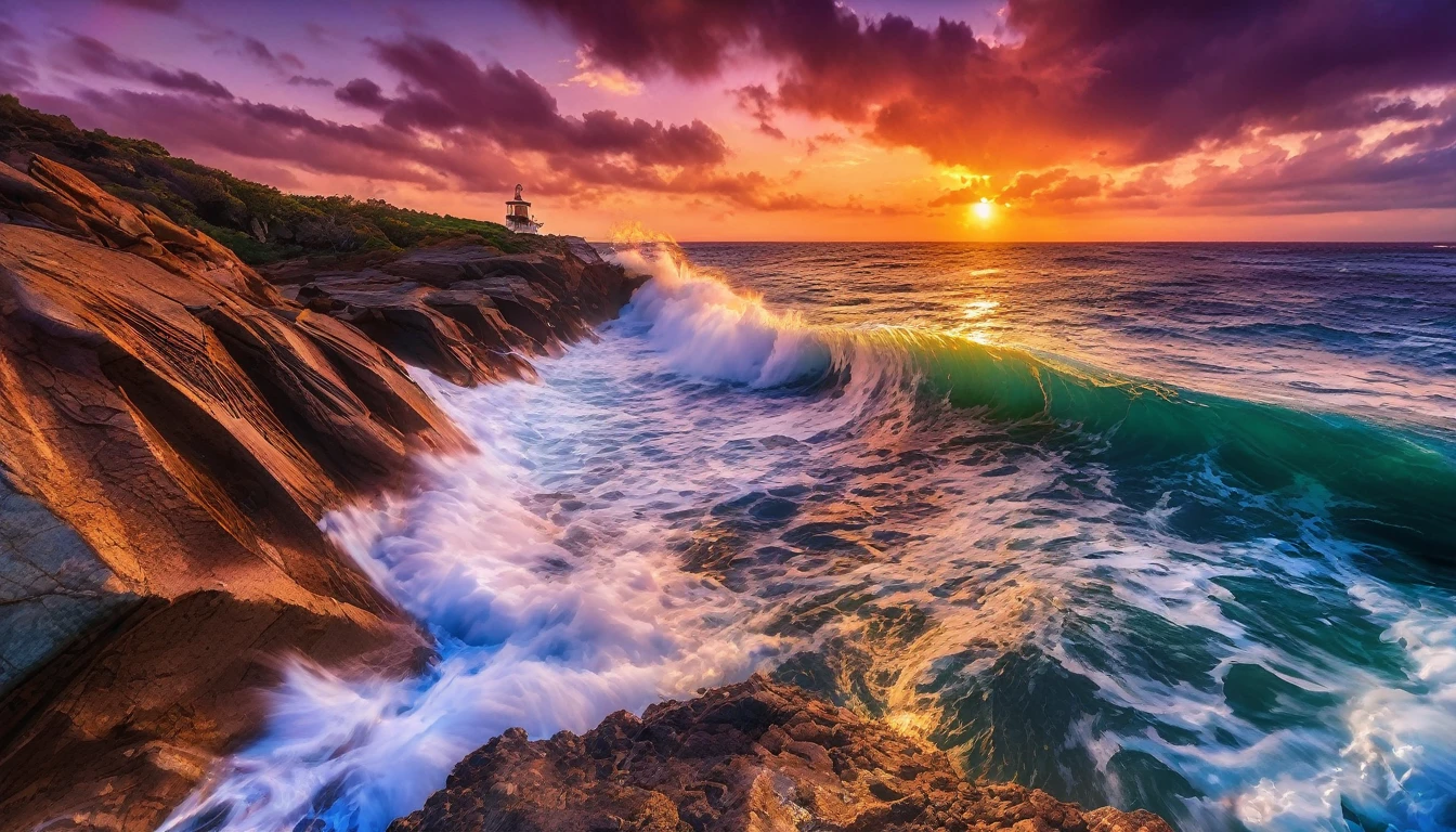 arafa view of a sunset over the ocean with waves crashing, chaotic sea scenery, vibrant sunrise, breathtaking colors, breathtaking look, vibrant sunset, breathtaking composition, beautiful seascapes, stunning sunset, Magnificent background, sunset glow, beautiful background, beautiful dreamy breathtaking, Marcos Adams, beautiful and hot scene, Epic sunset, Beautiful sunset, beautiful sunset glow, beautiful ocean