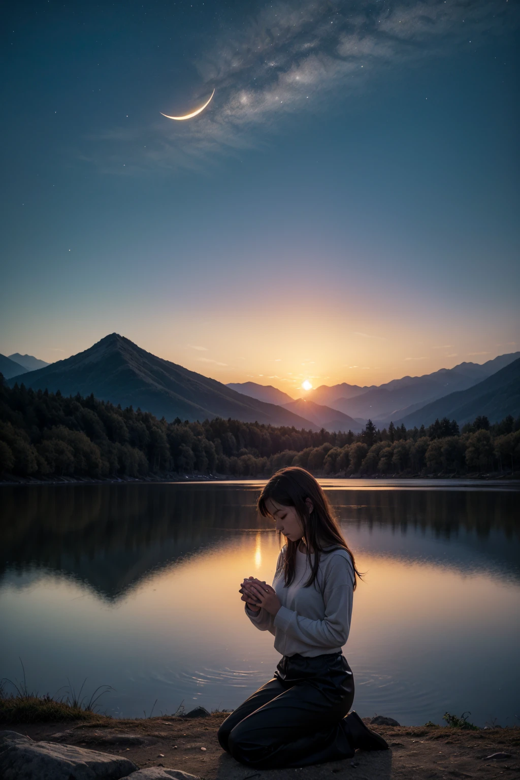 The setting is an outdoor landscape during twilight, with a clear sky transitioning from deep blue at the top to a warm, golden hue near the horizon. A slender crescent moon is visible in the upper left portion of the sky, adding to the serene ambiance. In the foreground, a person is depicted in a silhouette, kneeling in a posture of deep contemplation or prayer. The person is positioned towards the right side of the frame, facing left. They are wearing a simple, dark outfit, with their head bowed and hands clasped together near their face. The silhouette is detailed, with the gentle contours of the person’s form clearly visible against the sky. The background includes distant, softly undulating hills or mountains, which are also silhouetted against the gradually darkening sky. The horizon line is crisp, with the colors blending smoothly from the bright golden tones to the deep blue of the night sky. The overall atmosphere is calm and reflective, capturing the peacefulness of a quiet moment at dusk. The video should start with a wide shot of the entire scene, slowly zooming in to focus on the person’s silhouette. The camera movement should be smooth and gradual, maintaining the tranquil mood throughout the video. Subtle ambient sounds of a gentle breeze and distant nature should accompany the visual, enhancing the sense of solitude and meditation.
