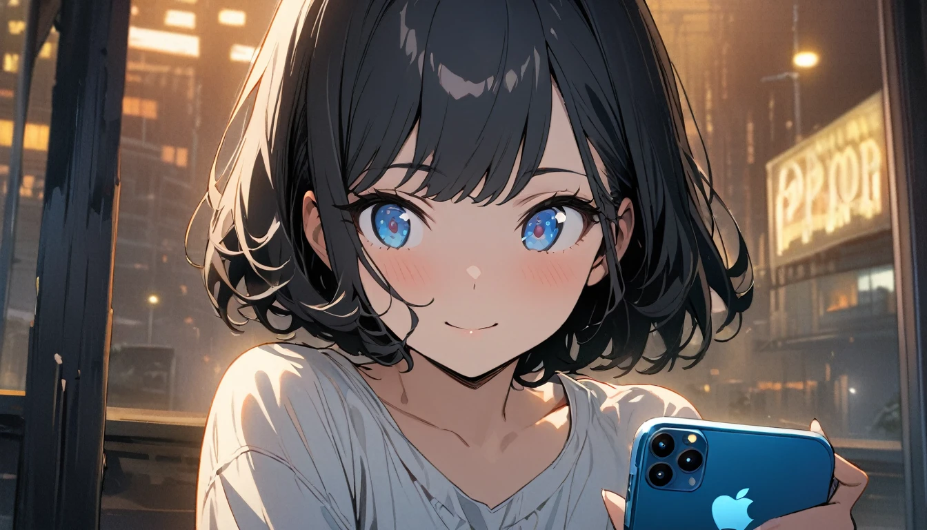 1girl, solo, gentle smile on her face flat chest, short hair, blue eyes, (detailed eyes), black hair, upper body, ((masterpiece, illustration, best quality)) ((best quality)), ((masterpiece)), (detailed), (1girl in),(beautiful blue eyes finely detailed、Face to detail、flat chest, masterpiece sidelighting、masterpiece、top-quality、detaileds、High resolution illustration), a girl looking at iPhone, waiting for the reply from a guy who she is interested in, city pop, white and black, nostalgic, night, sexy