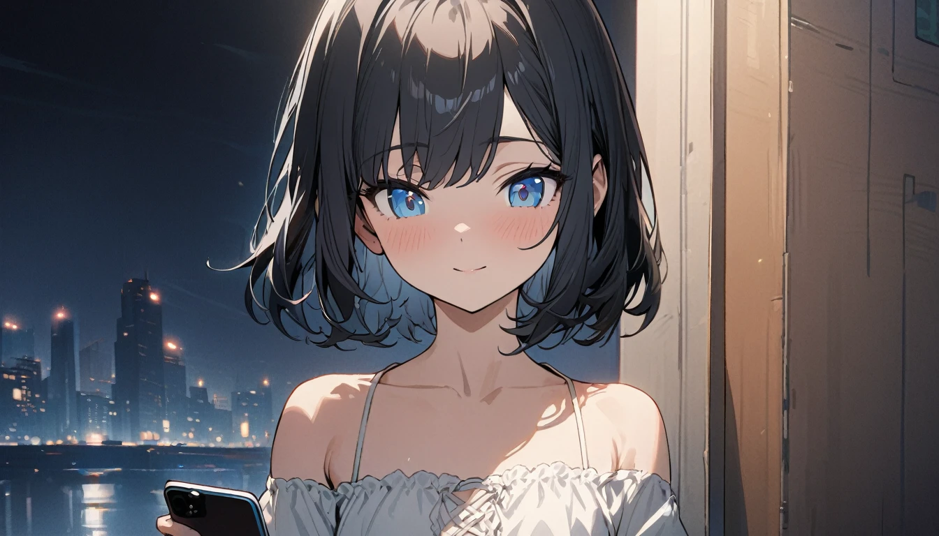 1girl, solo, gentle smile on her face flat chest, short hair, blue eyes, (detailed eyes), black hair, upper body, ((masterpiece, illustration, best quality)) ((best quality)), ((masterpiece)), (detailed), (1girl in),(beautiful blue eyes finely detailed、Face to detail、flat chest, masterpiece sidelighting、masterpiece、top-quality、detaileds、High resolution illustration), a girl looking at iPhone, waiting for the reply from a guy who she is interested in, city pop, white and black, nostalgic, night, sexy
