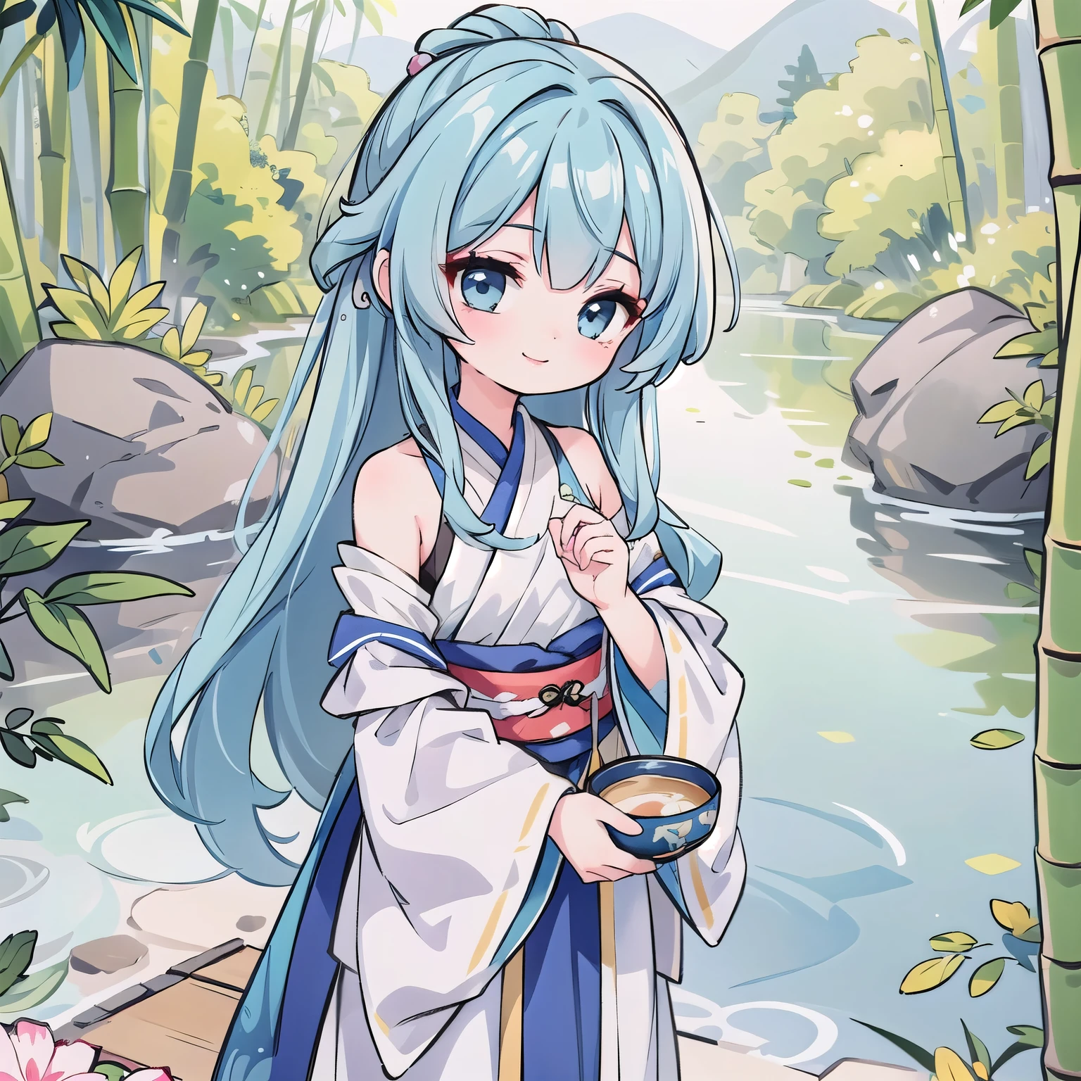 masterpiece, Highest quality, Official Art, 8k wallpaper, Very detailed, figure, 1 Girl, Blue Hair, Long Hair, Fine grain, For rest, Bare shoulders, Hanfu,lake, Pure, A kind smile,bamboo,tea