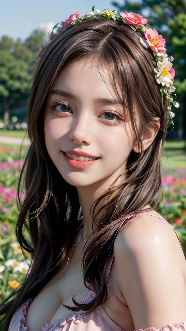 (Masterpiece, BestQuality:1.3), (ultra detailed:1.2), (hyperrealistic:1.3), (RAW photo:1.2),High detail RAW color photo, professional photograph, (Photorealistic:1.4), (realistic:1.4), ,professional lighting, (japanese), beautiful face, (realistic face), cute woman, (Brown Hair, Big Breasts:1.2), (Smile:1.7), Trending Hair&Trending Hairカラーをランダムに, sexly, erotic sexly, Random sexy gravure poses, (A sexy beauty wearing a pink frilly dress in a flower field、She is wearing a flower crown on her head and smiling softly.。:1.2), Beautiful location, (Detailed Background):1.2))