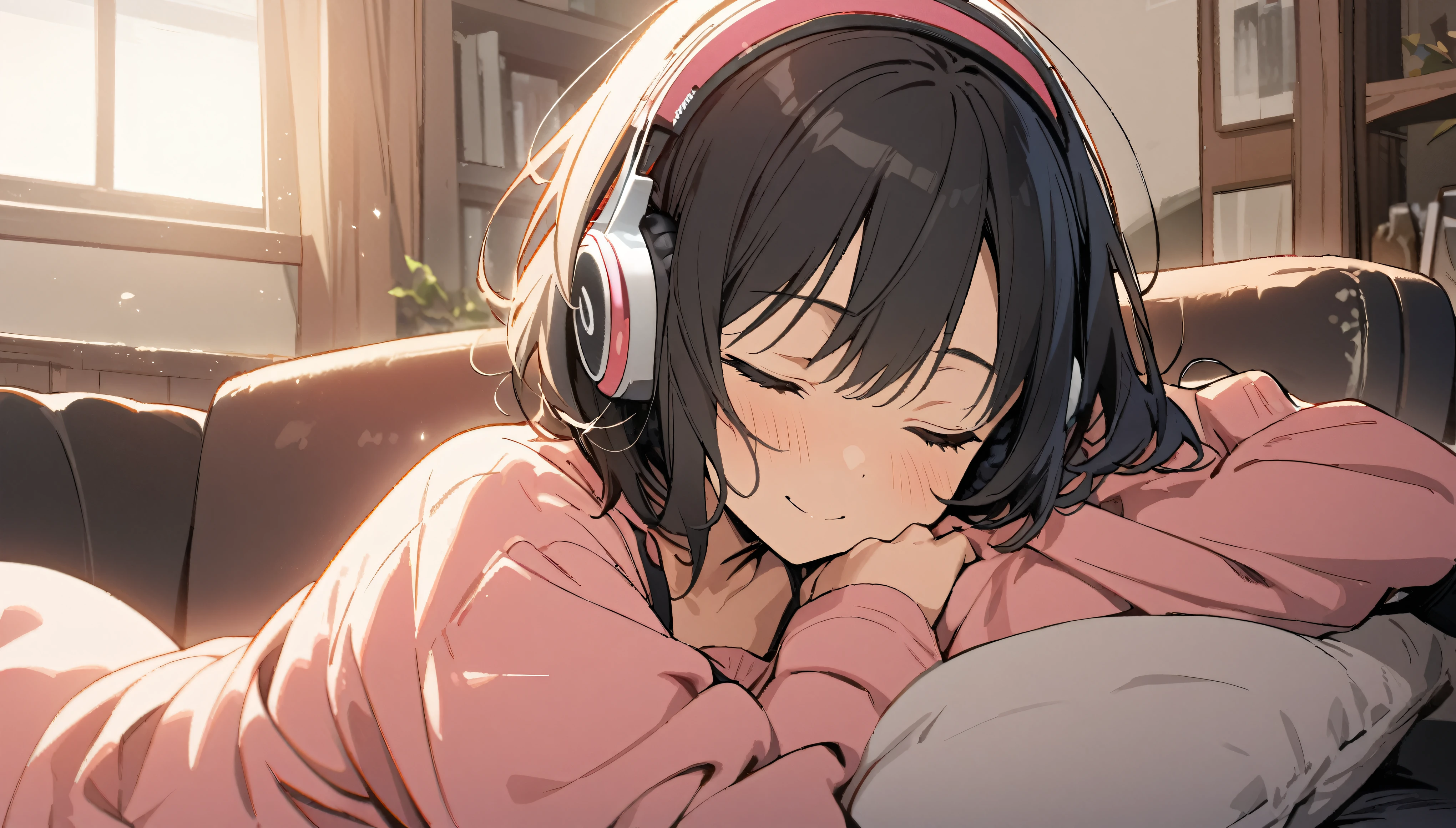 1girl, solo, flat chest, short hair, black hair, , black socks, upper body, gentle smile on her face, pink shirt((masterpiece, illustration, best quality)) listening to music, close your eyes, indoors, sofa, headphones、laying on the sopha with laying her head on pillows, detailed description