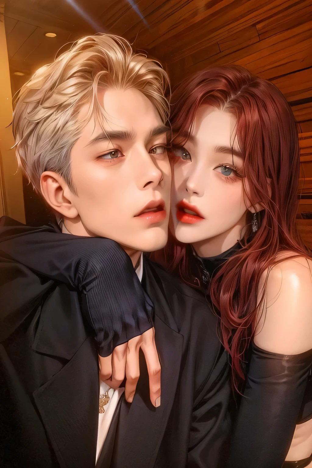 Araffe and a red-haired woman in a black suit, Nixeu e Sakimichan, cai xukun, with black, with ivy, Kim Doyoung, Taejune Kim, They are close to each other, couple pose, kda and Sam who, sol yunjoo, sha xi, they both have red lips, AIJ, ruan AIJ y Brom