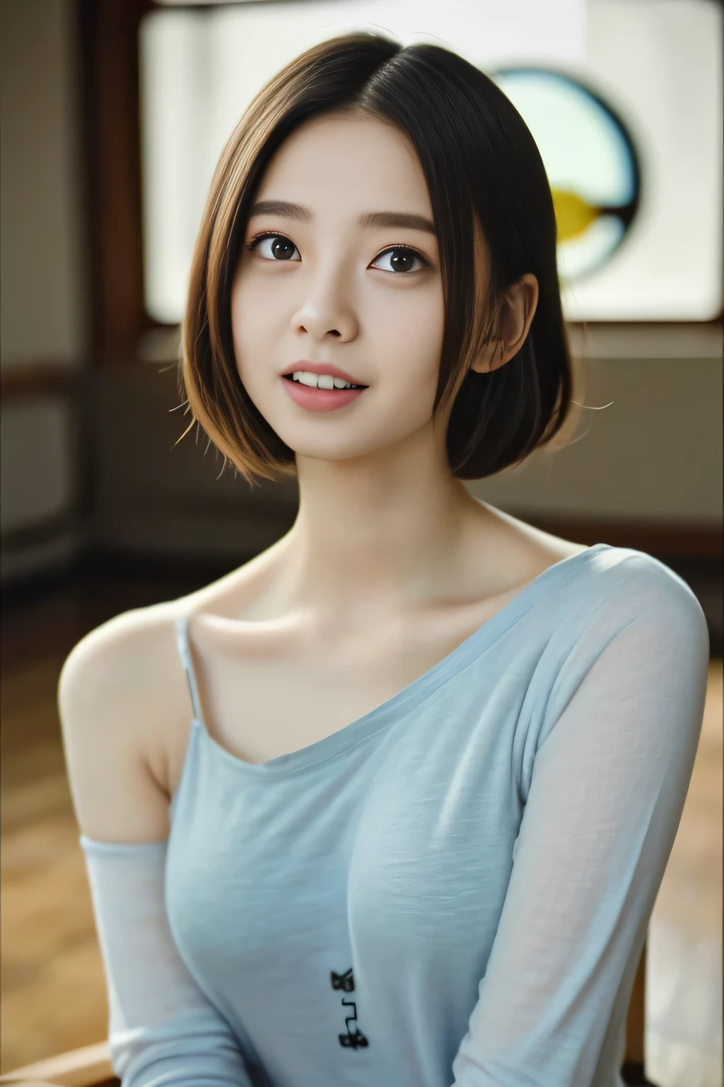 portrait, 8K, high quality, realistic photo image, 27 years old, Japan woman, neat and clean wife, (mizuki Yamashita), japanese IDOL, small, housewife, reproduce natural and realistic eyes, Japan person stand, small, beautiful black hair, short hair, light makeup, octane rendering, beautiful lighting, golden ratio composition, smile, everyday wear, casual clothes, natural background, blurred background, 4k, high quality, realistic photo image, Japan woman, 25 years old, pure Japan face, lovely wife, upper body, small breasts, light makeup, suppin, neat beauty, sober clothes, gray, beige, blue, sober, casual attire, smile, black hair, small black eyes, background blur, full body