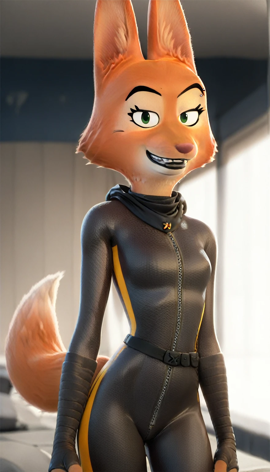 score_9, score_8_up, score_7_up, score_6_up, score_5_up, score_4_up, 
Diane_Foxington, ginger fur, emerald eyes, black lipstick, black eyebrows, silver piercings on eyebrow, fox tail, bodysuit with yellow trim and black wraps, smirk, looking at viewer, Fullbody, ((vore)), ((enlarged) moving vore belly witg a whole full sized person inside of the stomach visibly struggling), belly covered up by bodysuit