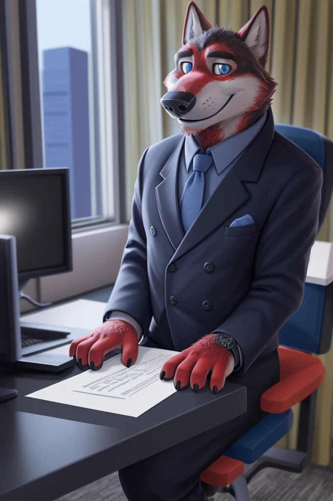 Ivan Fedorovich Wolfbach (Novosibirsk) ,Tall, handsome man, wolf,young, 24 years, brown fur,Kind,(red body:1.3),beautiful blue eyes,Novosibirsk,dressed, black jacket awards on jacket, shirt, Red tie, trousers, wolf, detailed fur, man ,paw pads, finger claws,per viewer, 5 fingers, paws, 5 fingers, smile, wrist watch, nextel, by xenoforge, (complex, high detail, digital photography, soft focus, RAW variety viewer, Very close to the camera) , variety, Novosibirsk, smile, good mood, positive, Very close to the camera, GOVERNOR, is sitting, at the computer,keyboard, is sitting за компьютерным столом, cabinet, GOVERNORа, writes documents, to the city, GOVERNOR Novosibirskа, conference table, Colleagues,
Photorealism, realism, digital style, Subsurface scattering, I look at the viewer, is sitting,conference table, handle, paper,
masterpiece, Best quality, ultra realistic, 8 thousand.)