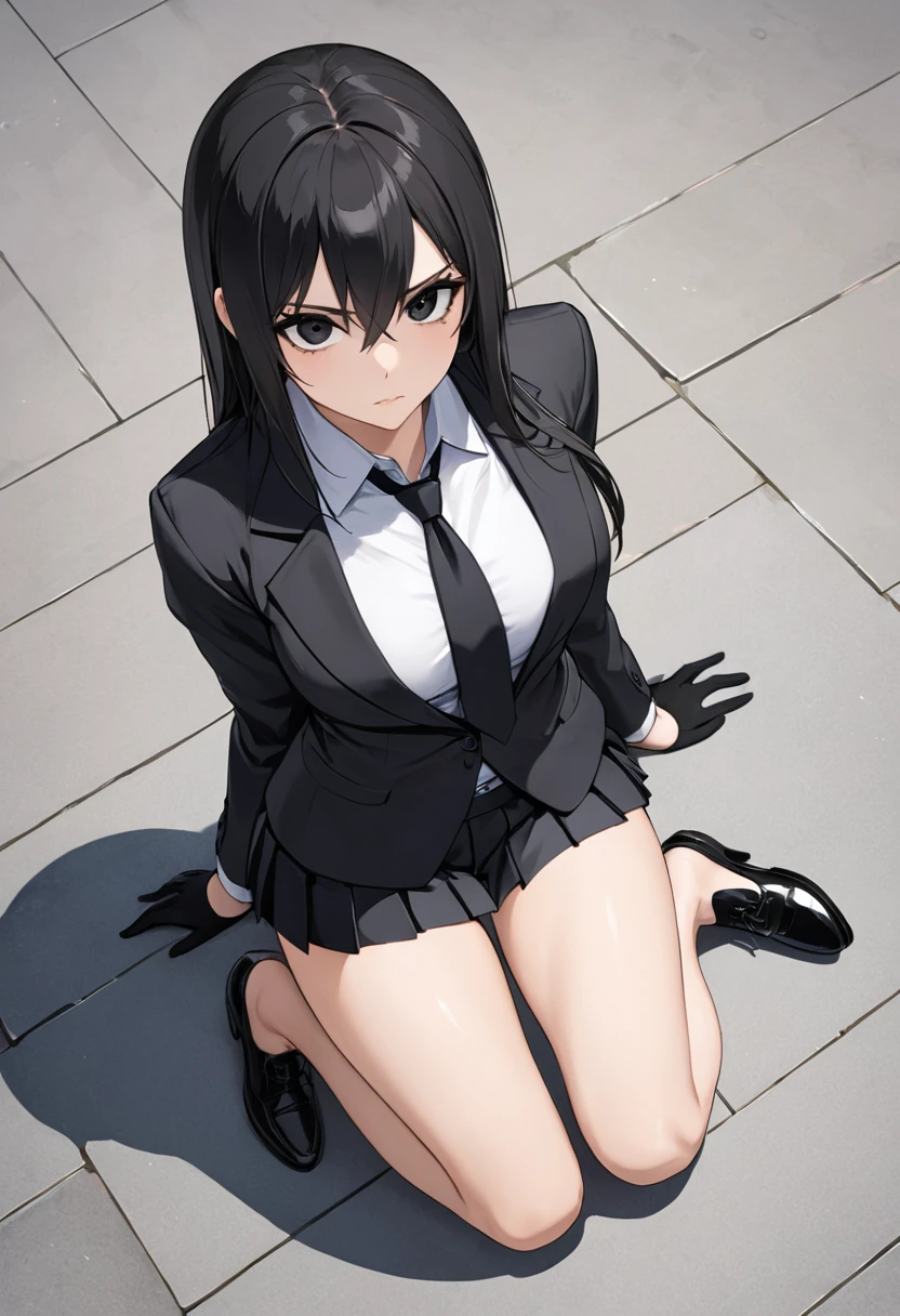 masterpiece, best quality, highres, aawendy, long hair, twintails, hair ornament, business suit, full body, red nails, open-toe platform high heels, spiked collar, spiked ankle bracelet, squatting 