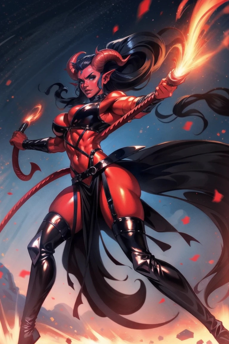 Red skin succubus tiefling, medium breasts, black horns, wings, huge tail, black leather, crop top, long flowing pelvic curtain, tall, toned, graceful, thin, long black ponytail. Action scene, whip. Dark scene, explosions, night sky.