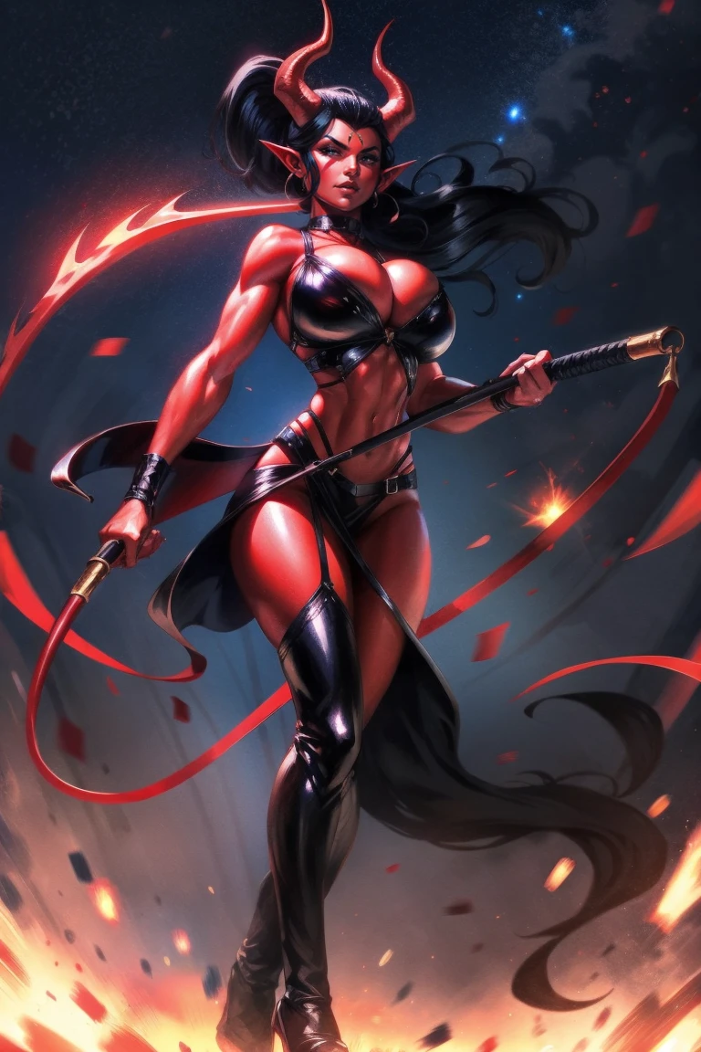 Red skin succubus tiefling, medium breasts, black horns, wings, huge tail, black leather, crop top, long flowing pelvic curtain, tall, toned, graceful, thin, long black ponytail. Action scene, whip. Dark scene, explosions, night sky.