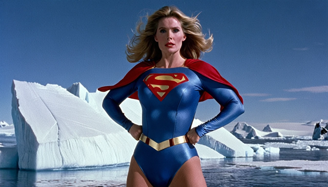 Fortress of Solitude (south pole) place; strong Julie Hagerty Supergirl 1984s take off; big and strong breasts. HD. Photograph, ((realism)), extremely high quality RAW photograph, ultra detailed photograph, sharp focus, high resolution, (detailed skin:1,3),high quality, film grain, Fujifilm XT3,Highly Detailed, movie, (Cinematic Photo:1.3) of (Realistic:1.3)