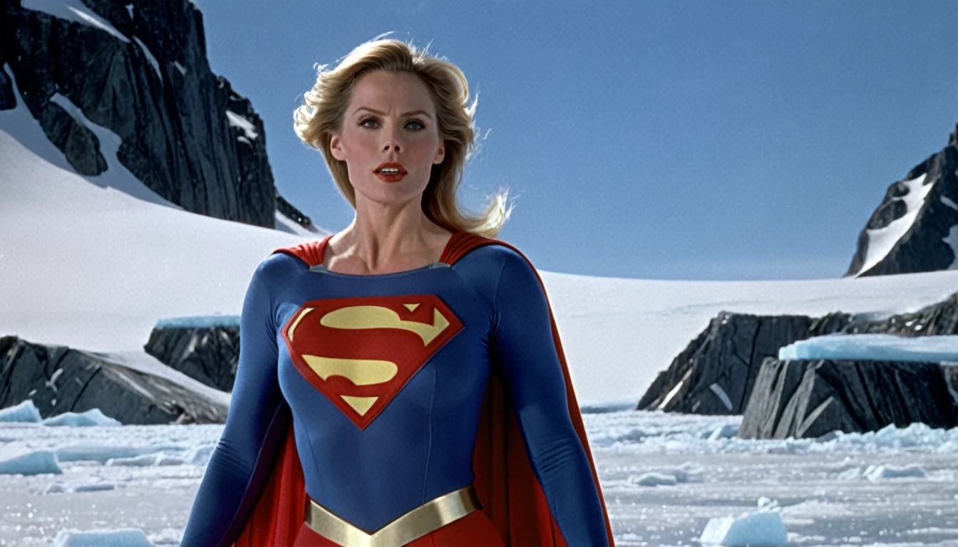 Fortress of Solitude (south pole) place; strong Julie Hagerty Supergirl 1984s take off; big and strong breasts. HD. Photograph, ((realism)), extremely high quality RAW photograph, ultra detailed photograph, sharp focus, high resolution, (detailed skin:1,3),high quality, film grain, Fujifilm XT3,Highly Detailed, movie, (Cinematic Photo:1.3) of (Realistic:1.3)