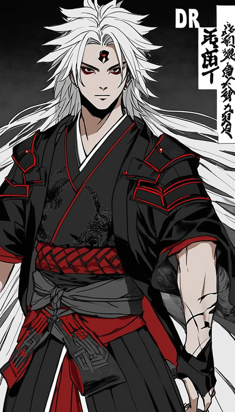 Make an anime character named "Dr4quinho", with the design style of "JUJUTSU KAİSEN". "Dr4quinho" has white hair and dresses like a samurai.