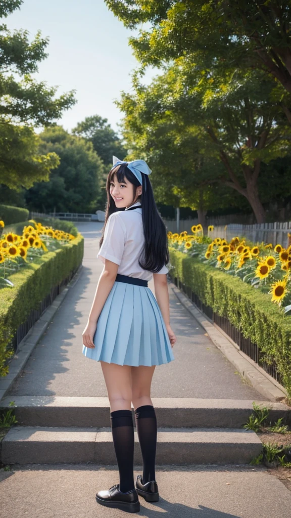 Japanese, high school girl, smiling face, young face, long black hair, long straight black hair, blue hairband, blue and black short-sleeved , light blue ribbon decoration on collar, blue pleated skirt, black socks, light brown shoes, voluptuous body, thighs, viaduct, standing in front of stairs, sunflower flowerbed, seaside park, full moon night, starry night, nostalgic scenery, romantic night view, turn your back, look back