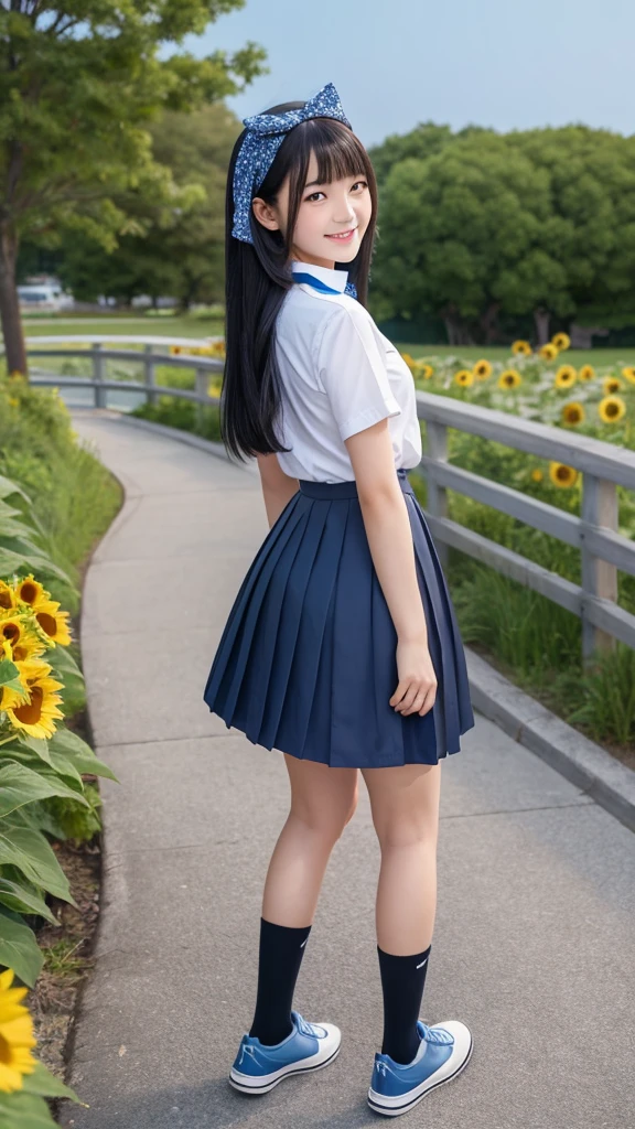 Japanese, high school girl, smiling face, young face, long black hair, long straight black hair, blue hairband, blue and black short-sleeved , light blue ribbon decoration on collar, blue pleated skirt, black socks, light brown shoes, voluptuous body, thighs, viaduct, standing in front of stairs, sunflower flowerbed, seaside park, full moon night, starry night, nostalgic scenery, romantic night view, turn your back, look back