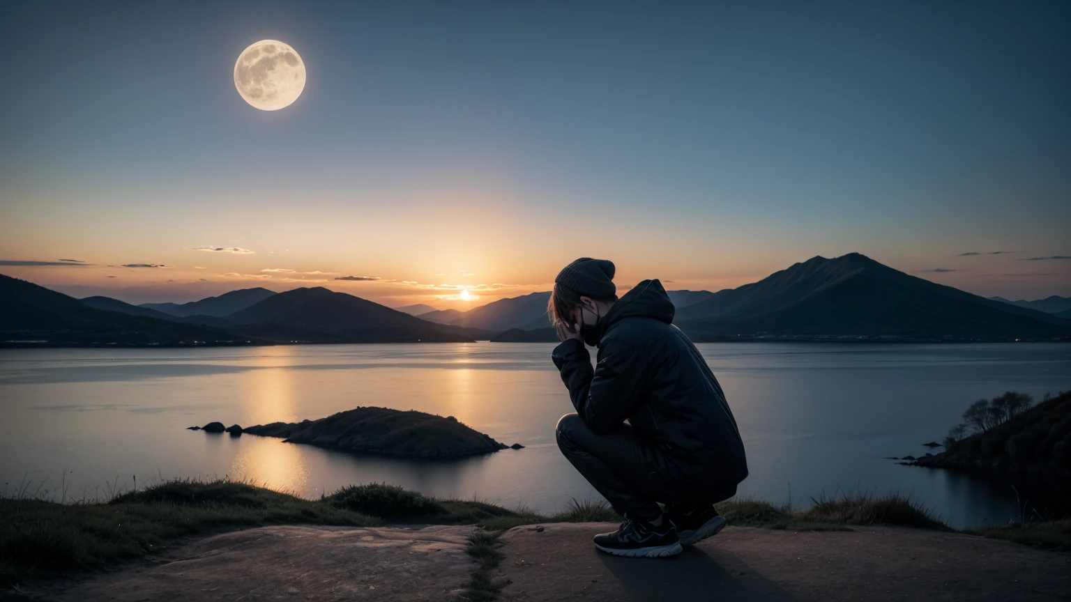 The setting is an outdoor landscape during twilight, with a clear sky transitioning from deep blue at the top to a warm, golden hue near the horizon. A slender crescent moon is visible in the upper left portion of the sky, adding to the serene ambiance. In the foreground, a person is depicted in a silhouette, kneeling in a posture of deep contemplation or prayer. The person is positioned towards the right side of the frame, facing left. They are wearing a simple, dark outfit, with their head bowed and hands clasped together near their face. The silhouette is detailed, with the gentle contours of the person’s form clearly visible against the sky. The background includes distant, softly undulating hills or mountains, which are also silhouetted against the gradually darkening sky. The horizon line is crisp, with the colors blending smoothly from the bright golden tones to the deep blue of the night sky. The overall atmosphere is calm and reflective, capturing the peacefulness of a quiet moment at dusk. The video should start with a wide shot of the entire scene, slowly zooming in to focus on the person’s silhouette. The camera movement should be smooth and gradual, maintaining the tranquil mood throughout the video. Subtle ambient sounds of a gentle breeze and distant nature should accompany the visual, enhancing the sense of solitude and meditation.