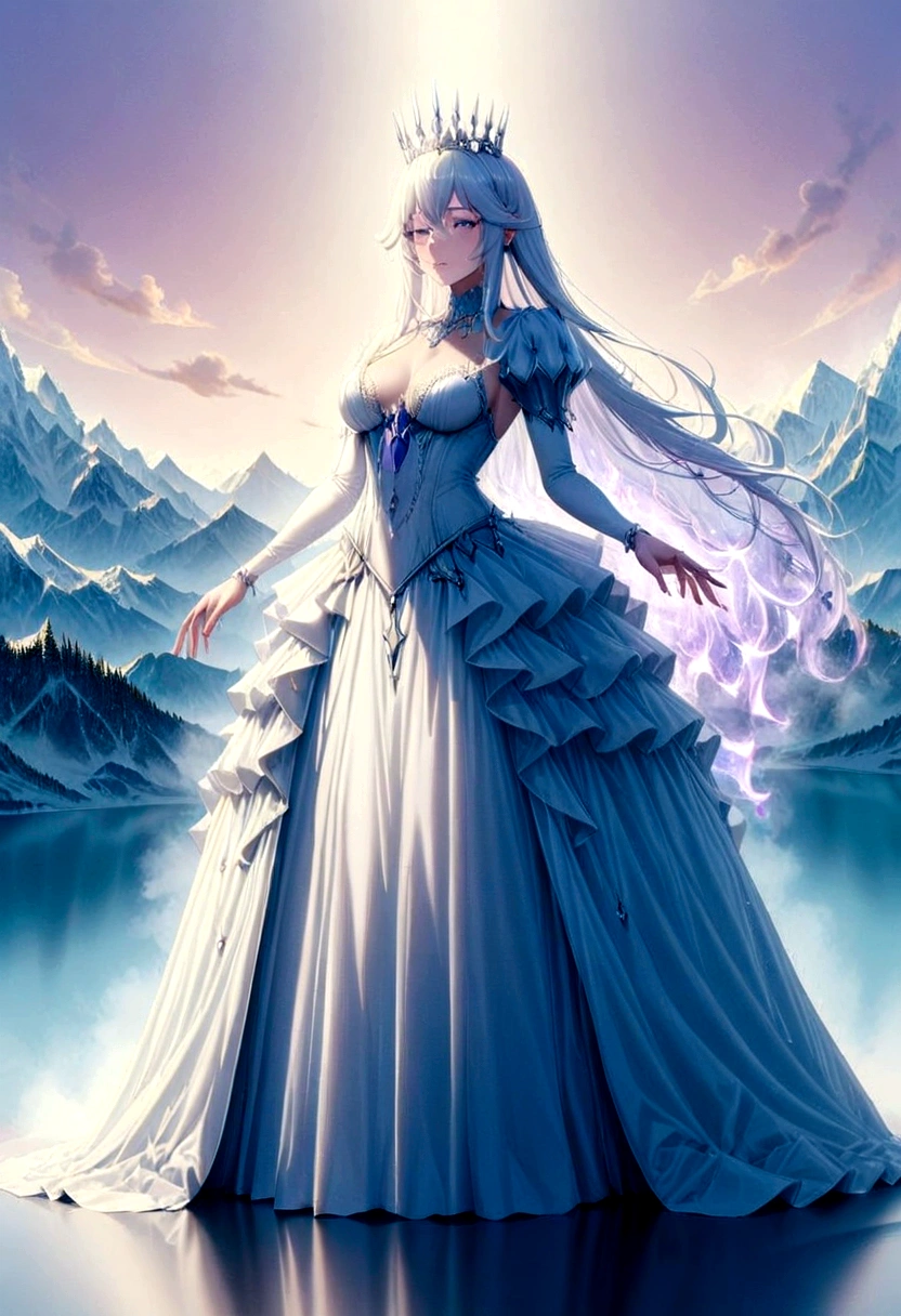 (composição perfeita, high detailed, high detailed face, 8k resolution, fabulous fancy purple long queen dress, detailed cloth) long dress, mature woman, adult, beautiful face, white long hair, closed dress, extensious dress, heels, sentada em um trono de gelo com formas organicas e belas, snow forest mountain background, dark fantasy style, digital illustration, goddess aura, beauty aspects, gentile expressions, detailed face, very detailed, imponent prescence, light holofot, high quality shadows, sunrise light