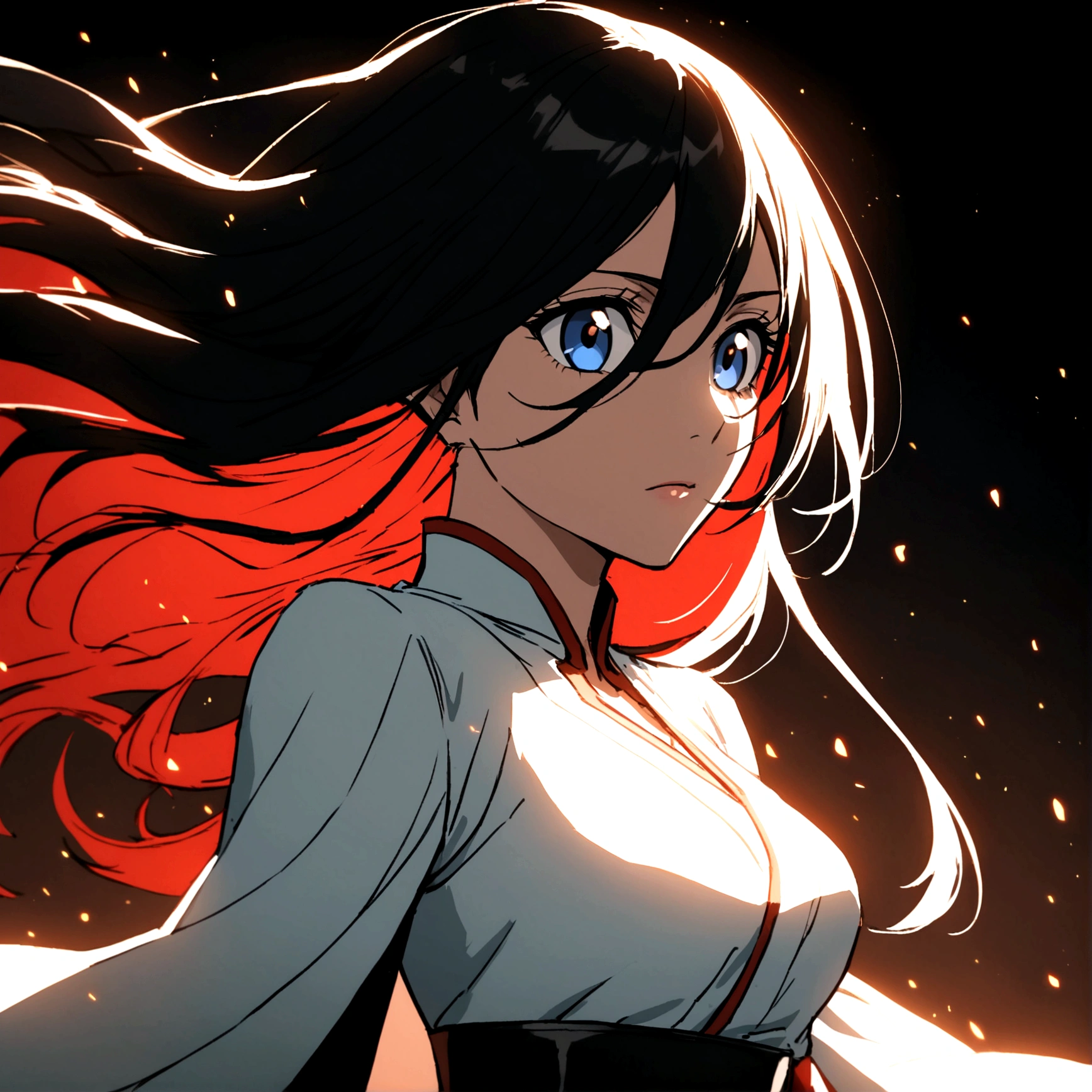 Create a female character for the anime bleach. With black hair and long red highlights, your blue eyes.
