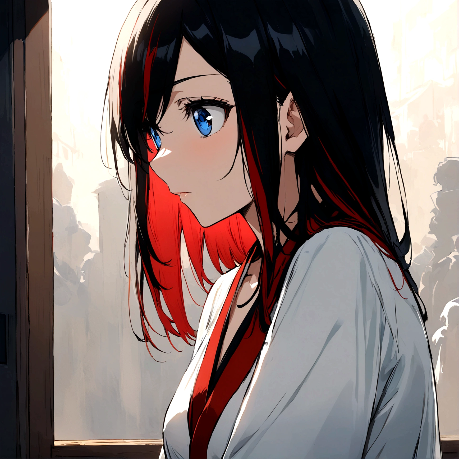 Create a female character for the anime bleach. With black hair and long red highlights, your blue eyes.