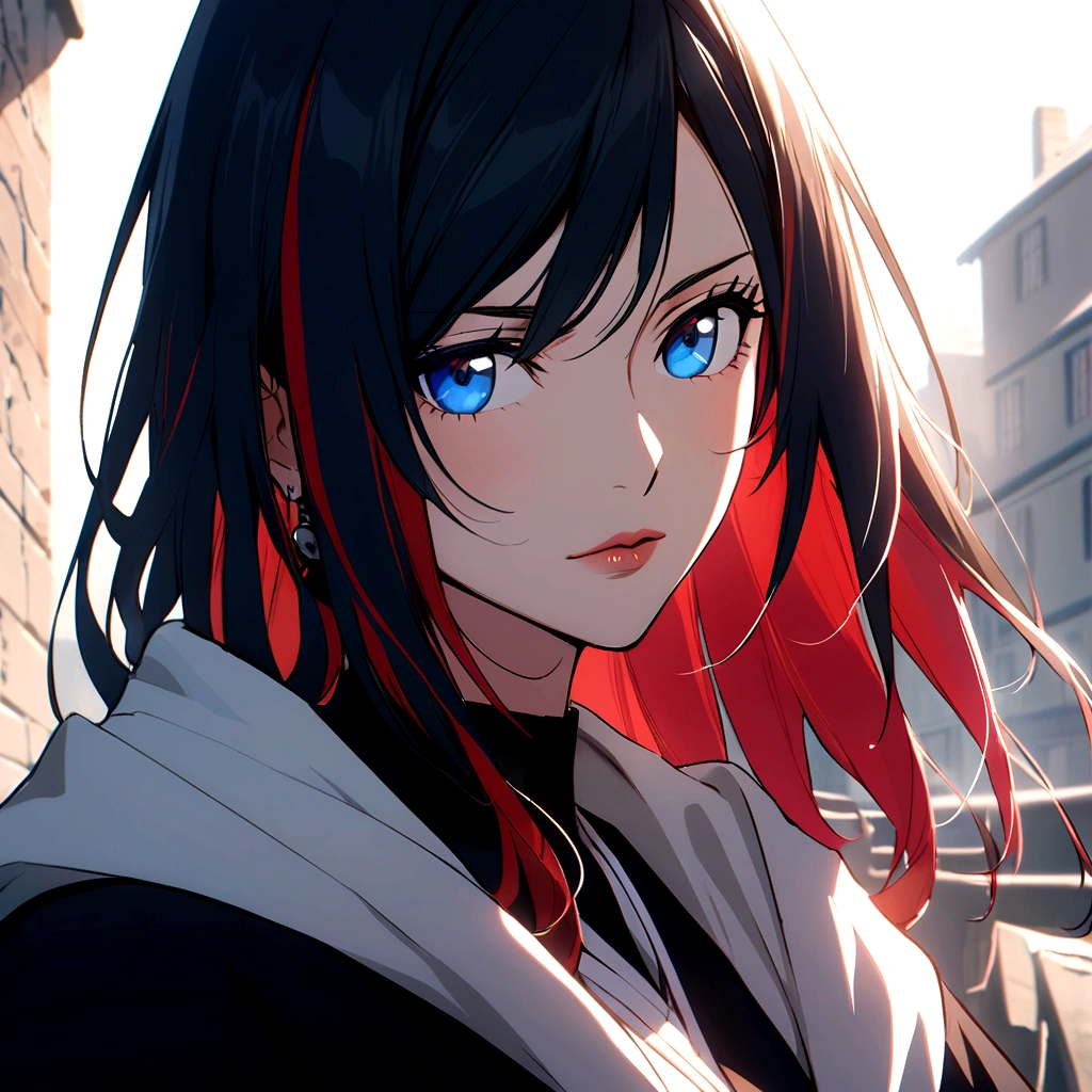 Create a female character for the anime bleach. With black hair and long red highlights, your blue eyes.