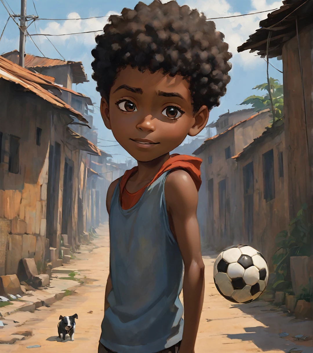 A poor Afro-Brazilian boy in a favela in Porto Alegre Rio Grande do Sul Brazil drawn by Todd McFarlane and Greg Capullo, he is wearing old and torn clothes, he is shotting a soccer ball and playing with the ball with your dog, a favela in the background, Robert Downey Jr Reference., engine unreal, octane rendering, por Jacob Lawrence e Francis Picabia, perfect composition, beautiful detailed intricate insanely detailed octane rendering trending on artstation, 8k art photography, photorrealistic concept art, soft natural volumetric cinematic perfect light, Bright dark, rewarded photography, work of art, oil on canvas, rafael, caravaggio, Greg Rutkowski, beetle, Beksinski, giger, beautiful perfect face with perfect face, a smile on your face with two large central incisors, the detail, highy detailed, photo realist