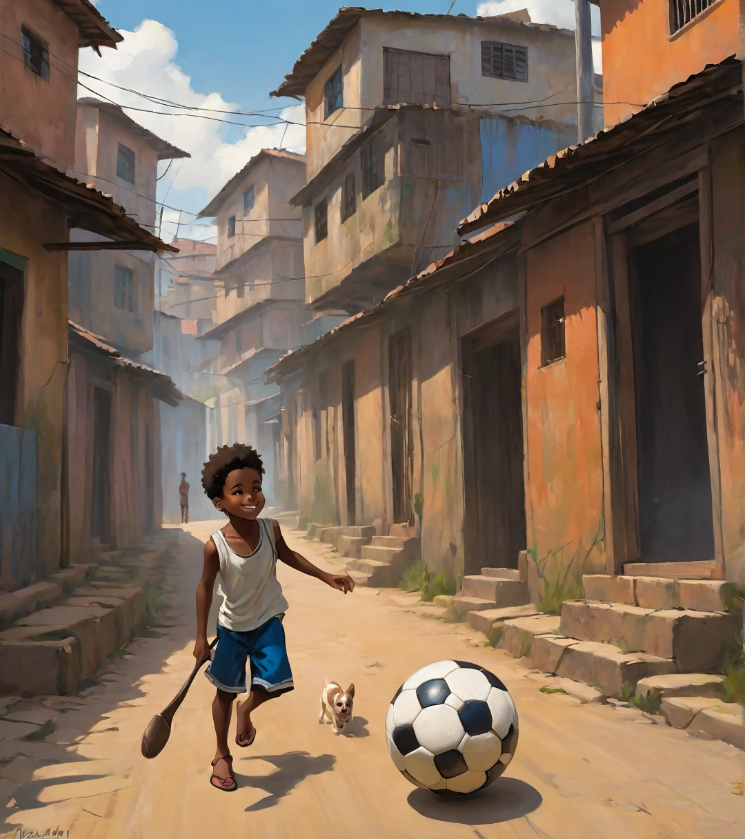 A poor Afro-Brazilian boy in a favela in Porto Alegre Rio Grande do Sul Brazil drawn by Todd McFarlane and Greg Capullo, he is wearing old and torn clothes, he is shotting a soccer ball and playing with the ball with your dog, a favela in the background, Robert Downey Jr Reference., engine unreal, octane rendering, por Jacob Lawrence e Francis Picabia, perfect composition, beautiful detailed intricate insanely detailed octane rendering trending on artstation, 8k art photography, photorrealistic concept art, soft natural volumetric cinematic perfect light, Bright dark, rewarded photography, work of art, oil on canvas, rafael, caravaggio, Greg Rutkowski, beetle, Beksinski, giger, beautiful perfect face with perfect face, a smile on your face with two large central incisors, the detail, highy detailed, photo realist