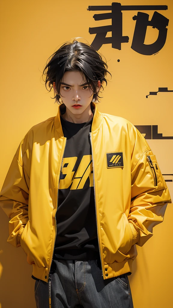 (Highest quality:1.2)。One Man。Angry expression。(Wearing a yellow jacket)。(standing)。The background is a black。(the word SELA is written on his jacket ) , short hair