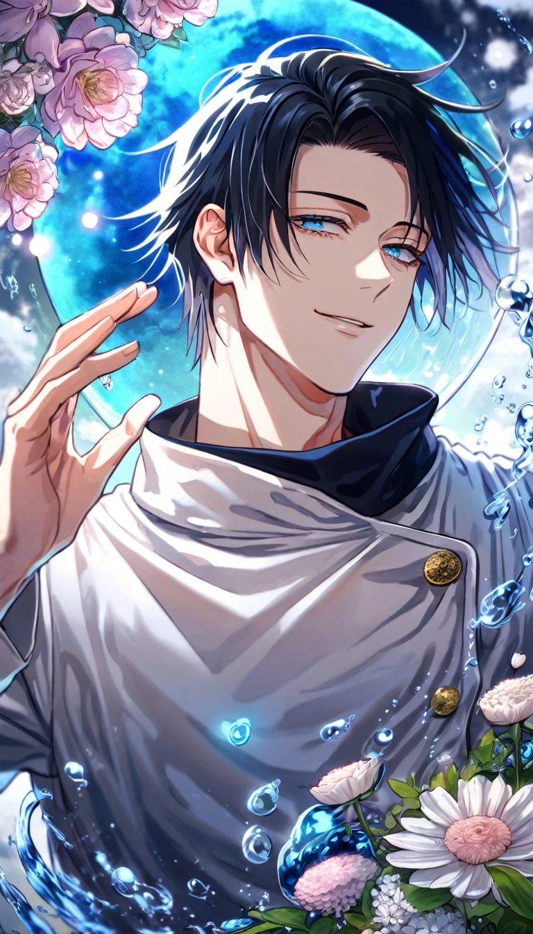 absurdres, highres, ultra detailed, HDR, master piece, Okkotsu Yuuta, black hair, expressive dark blue eyes, Jujutsu Kaisen, sexy man, handsome, best quality, blue moon, flowers, fantasy, magical, solo, water, blue shining fireflies, blue petals, white shirt, Jujutsu Kaisen uniform, handsome smile