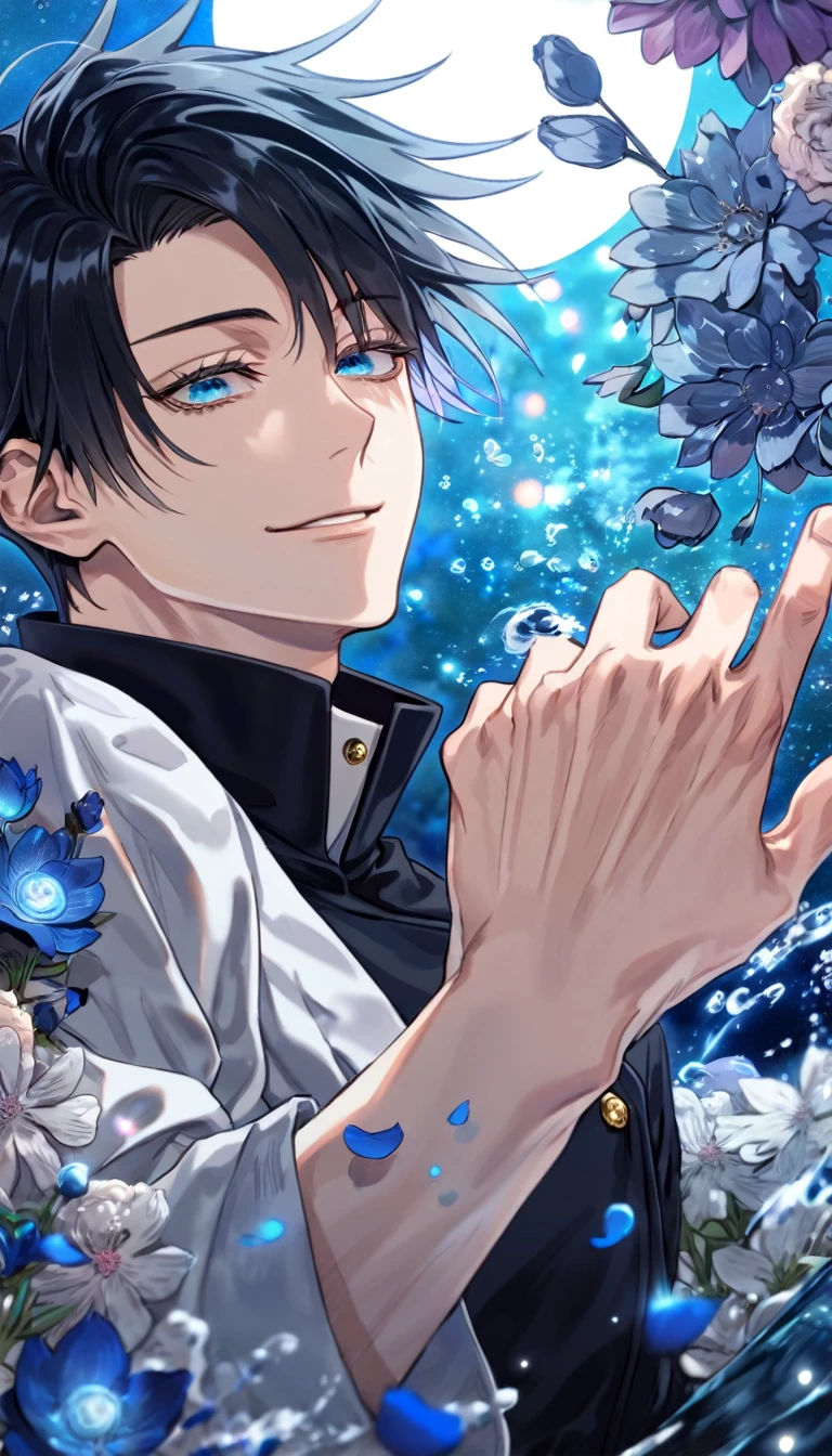 absurdres, highres, ultra detailed, HDR, master piece, Okkotsu Yuuta, black hair, expressive dark blue eyes, Jujutsu Kaisen, sexy man, handsome, best quality, blue moon, flowers, fantasy, magical, solo, water, blue shining fireflies, blue petals, white shirt, Jujutsu Kaisen uniform, handsome smile