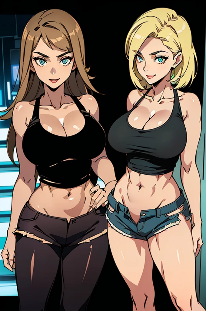 (masterpiece),best quality:1.5, ultra-detailed, high resolution, high quality, 16K, ((2heads:1.5)), ((brown hair)), ((blonde hair, (different hair colors), long hair, (bikini), (1girl), conjoined twins, ((black tank top)) (midriff-revealing tank top), (sexy silhouette), futuristic city street, lustrous and smooth skin, (mature woman), seductive silhouette, ((slim hips)), casual hot pants , sexy proportions, Beautiful girl with accentuated slender abs, seductive woman, lustrous woman, (detailed eyes), seductive smile