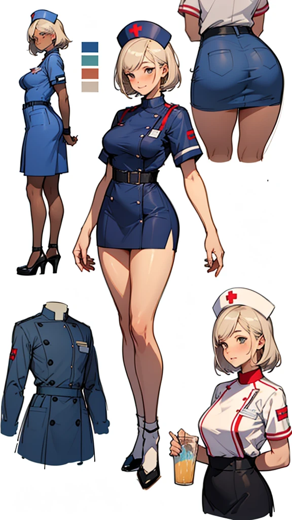 ((artwork)),(((Best Quality))),((character design sheet)),((Approximate sketch)),((vulgar)),(covers store)thick thighs ,african girl, SMILE,((between the breasts)),pussy juice,((wearing tight sexual nurse uniforms and nurse hat)),shirt with raised letters,milking, show tits, surprised expression when seeing a man&#39;s penis 