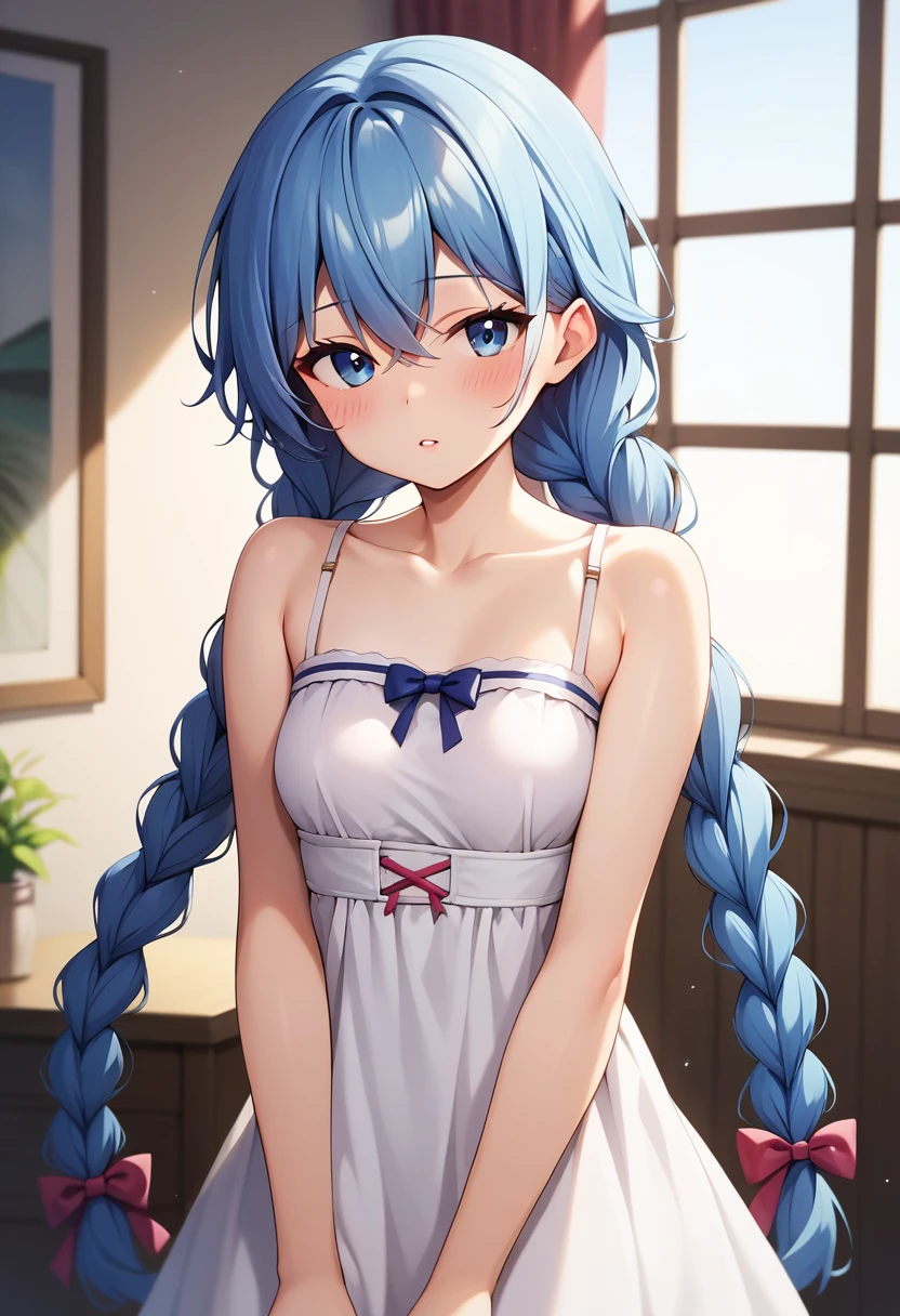 EIRoxy, 1girl, solo, long hair, looking at viewer, blush, bangs, blue eyes, dress, hair between eyes, bare shoulders, blue hair, collarbone, braid,small breasts, parted lips, sleeveless, indoors, white dress, twin braids