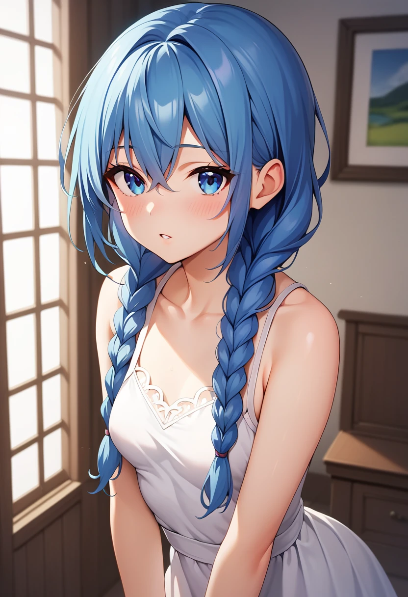 EIRoxy, 1girl, solo, long hair, looking at viewer, blush, bangs, blue eyes, dress, hair between eyes, bare shoulders, blue hair, collarbone, braid,small breasts, parted lips, sleeveless, indoors, white dress, twin braids