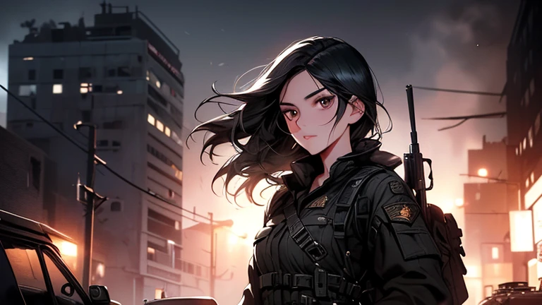 a 22 year old woman with straight black hair, beautiful detailed eyes, beautiful detailed lips, extremely detailed face, long eyelashes, wearing a black military uniform, standing in a war setting, dark skies, explosions, smoke, ruins, debris, destroyed city, cinematic lighting, dramatic shadows, muted color palette