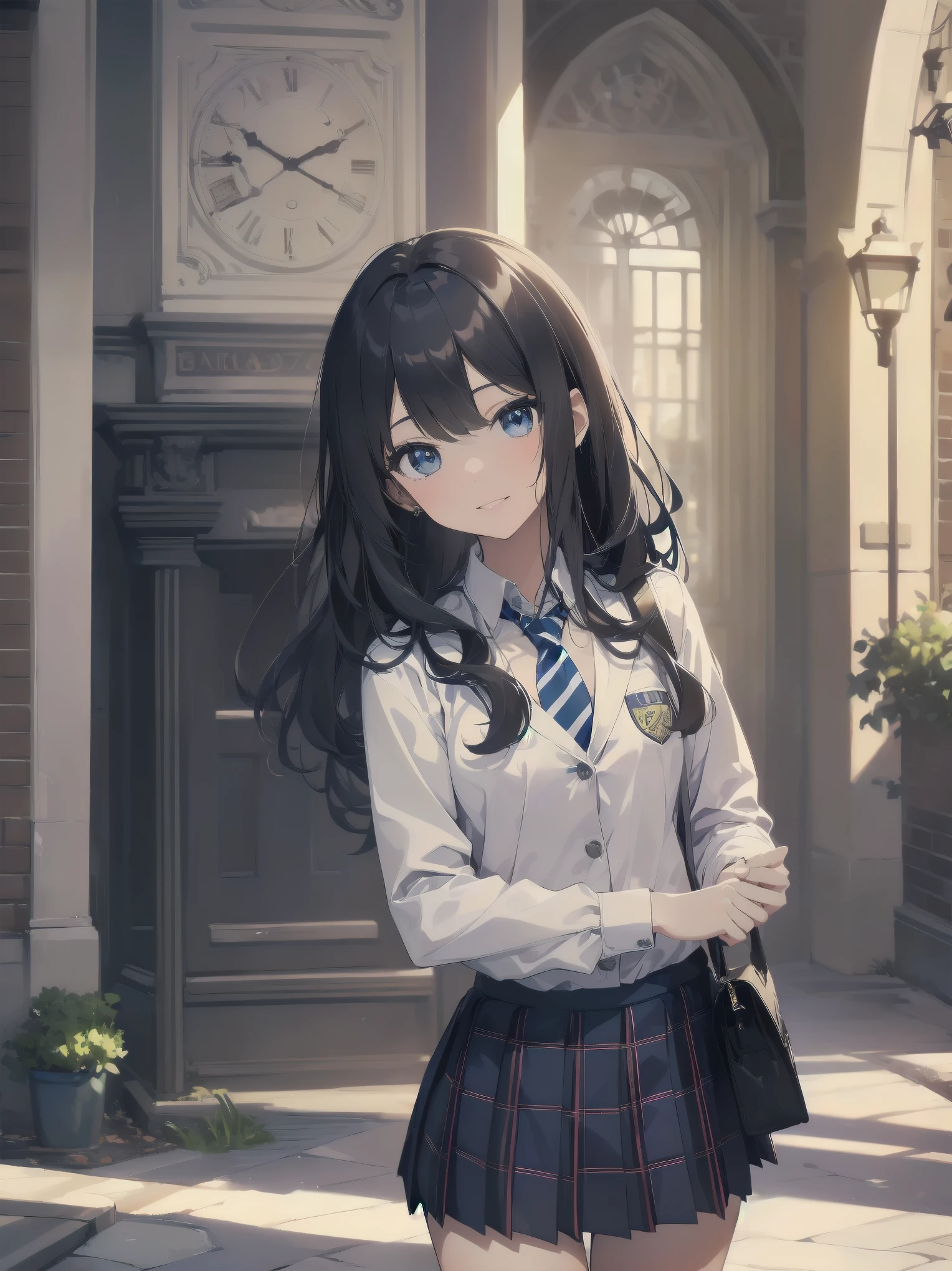 (Masterpiece: 1.2), (top quality: 1.2), highest resolution, very detailed. Blake. ((anime girl in preppy uniform)), transparent girl, (1, confident, 17: 1.3), charismatic smile, poised posture, wavy shoulder length hair, bright eyes, slender figure, (best quality: 1.2), very high resolution, very detailed. Expressive eyes, beautifully detailed lips, high resolution detailed hair, perfect face, clear skin, manicured hands, perfect lighting. Blake. ((preppy uniform with school emblem)), ((navy blazer, white shirt, striped tie, plaid skirt: 1.3)), knee high socks, oxford shoes. Blake. (school courtyard)), grand entrance, clock tower, students in background, (cowboy shot framing: 1.2)). Blake. ((positive: 1.3)). Blake. Digital animation art, preppy animation style illustration.
