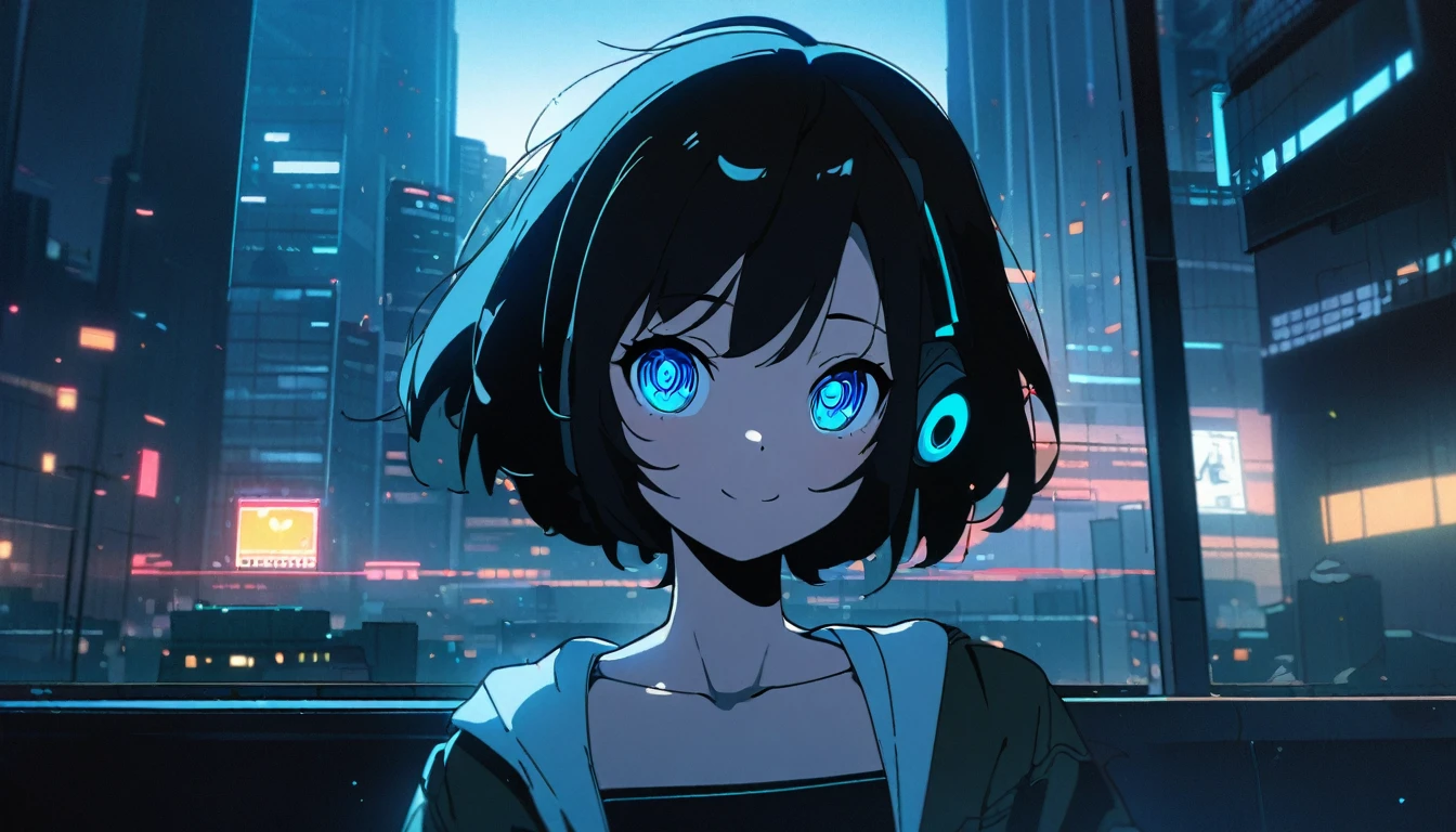 1girl, solo, blue eyes, (detailed eyes), gentle smile on her face flat chest, short hair, black hair, upper body, ((masterpiece, illustration, best quality)) Anime girl listening to music on the rooftop of a skyscraper in the city late at night, Nightcore, lo-fi girl, Anime atmosphere, Lofi art style, Anime Style 4 k, Anime Style. 8k, beautiful Anime Style, pixiv style, Lo-fi feel, Lo-fi art, Lobby atmosphere, Anime Aesthetics, Lobby atmosphere