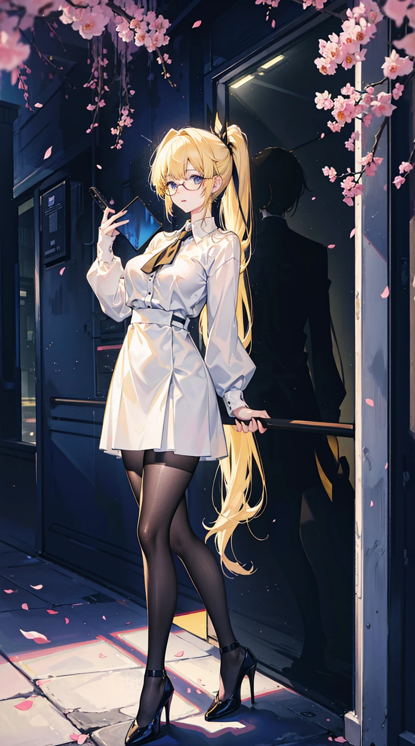 Young and beautiful Kathryn Newton, Glasses, White dress shirt, Very deep neckline, Black Mini Dress, Dark pantyhose, Surreal, 14 years old, Model figure, Large Breasts, Beautiful breasts, Big Ass, Long hair, Random Hairstyle, Blonde hair,Ponytail, Long legs, 8K, futuristic city, Cherry blossoms, sunrise, LED lighting, Anime style, ((Leaning against the wall,Sideways posture))