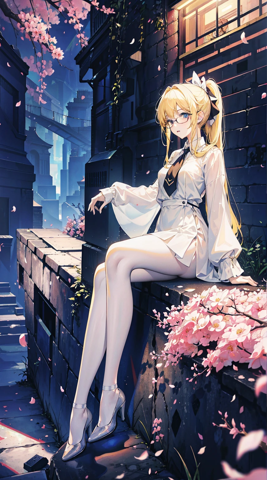 Young and beautiful Kathryn Newton, Glasses, White dress shirt, Very deep neckline, Black Mini Dress, Dark pantyhose, Surreal, 14 years old, Model figure, Large Breasts, Beautiful breasts, Big Ass, Long hair, Random Hairstyle, Blonde hair,Ponytail, Long legs, 8K, futuristic city, Cherry blossoms, sunrise, LED lighting, Anime style, ((Leaning against the wall,Sideways posture))